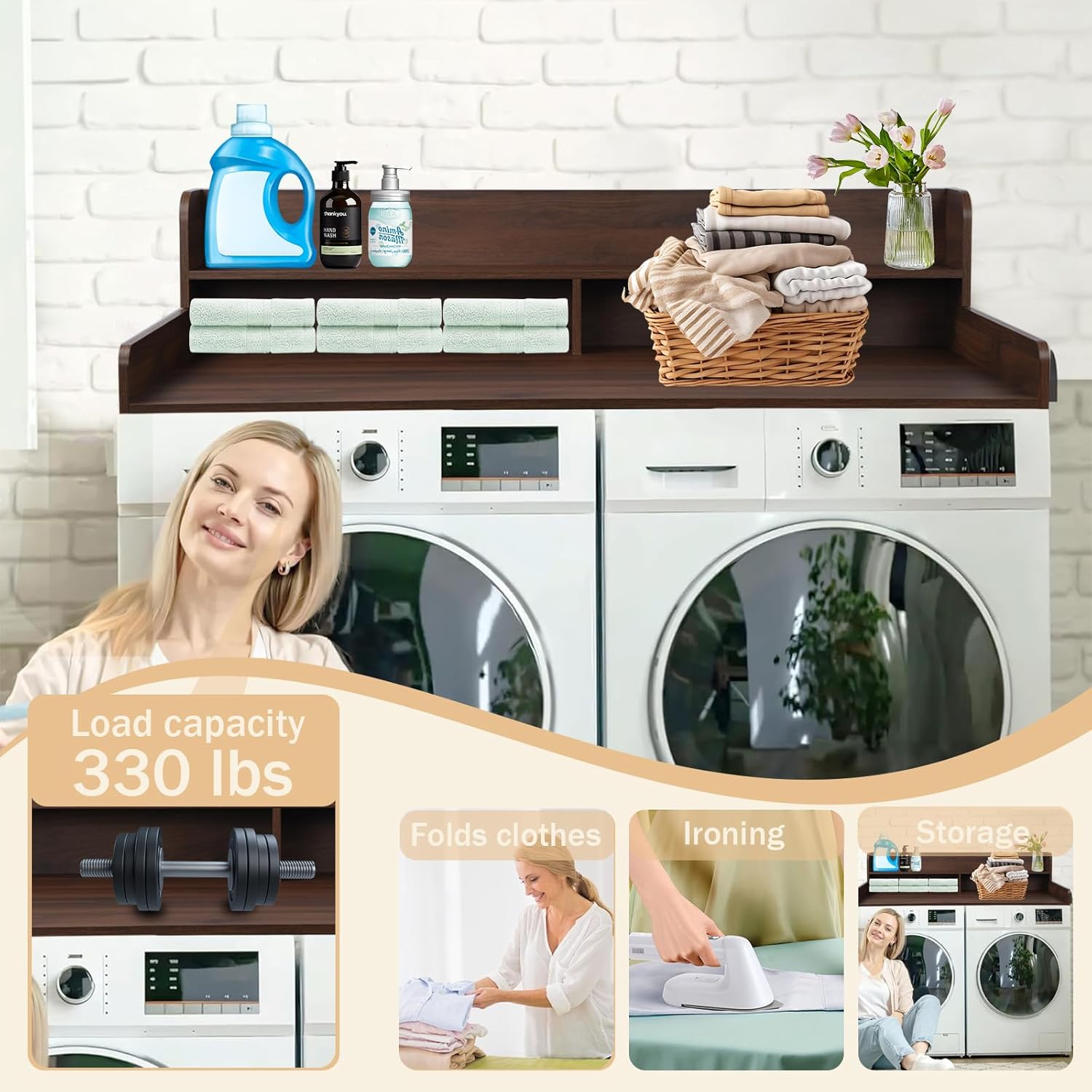 Washer and Dryer Countertop, 2 Tier Laundry Room Wood Countertop with 6*Anti-Slip Mats, Laundry Topper for Washer and Dryer for Folding Clothes, 54" W*27.5" D*12" H (Dark Walnut)
