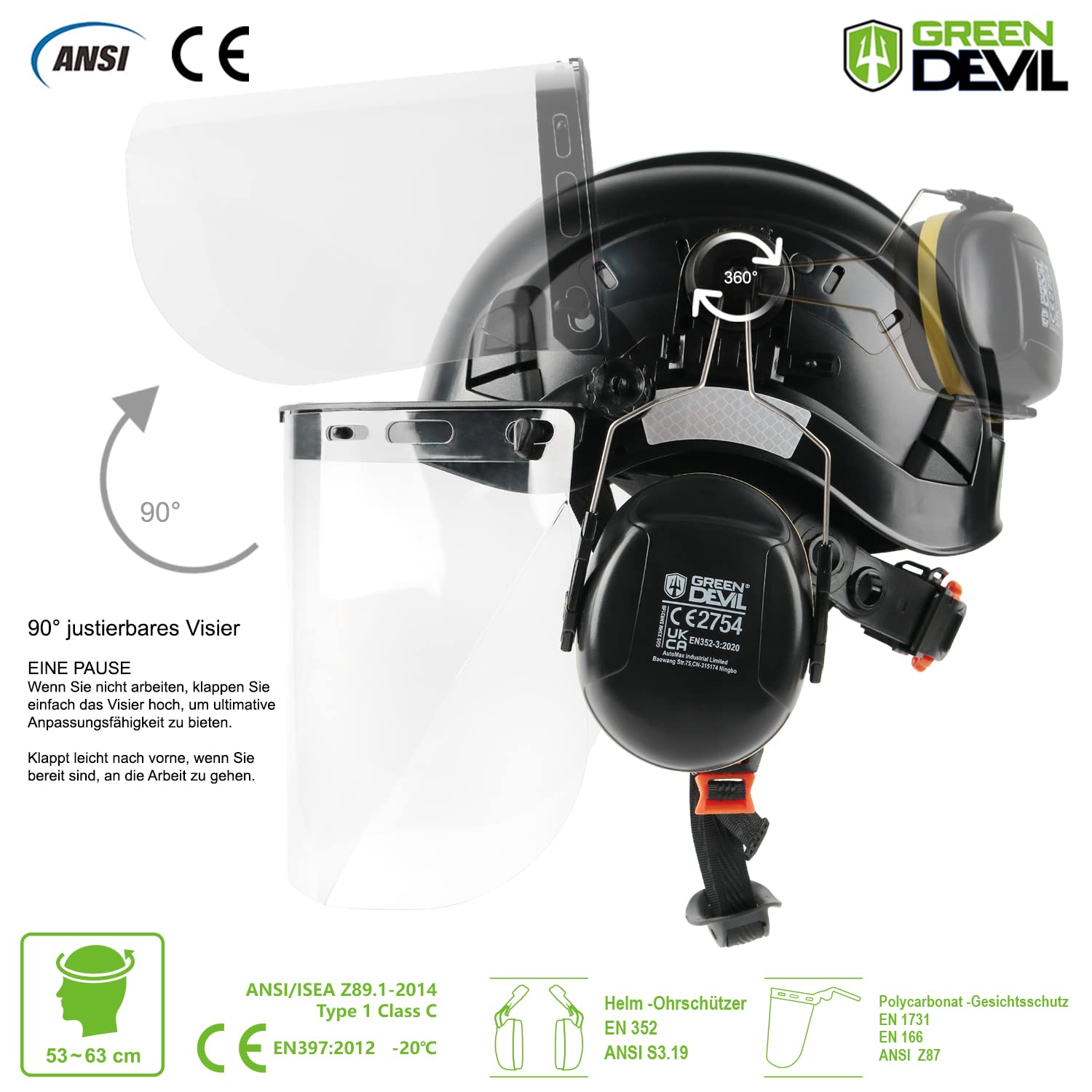 GREEN DEVIL 3-in-1 Kettensägen-Schutzhelm Set - Forsthelm mit Gehörschutz SNR 31dB & Klares Polycarbonat-Visier + Spezielle Helmleuchte mit Bewegungssensor