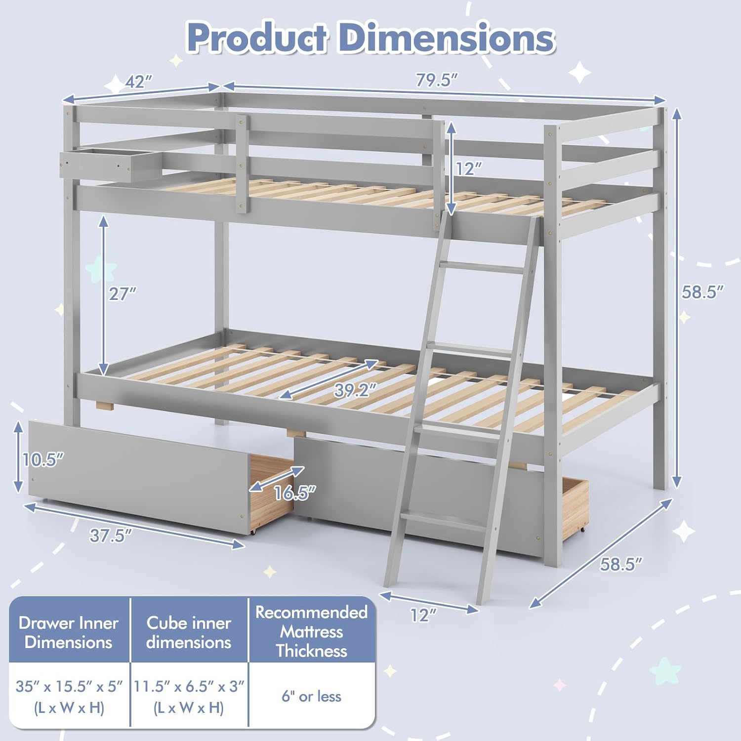 KOTEK Bunk Bed Twin Over Twin with 2 Storage Drawers, Solid Wood Bunk Bed Frame with Storage Cube, Guardrails, Ladder, No Box Spring Needed, Twin Bunk Beds for Kids Teens (Grey)