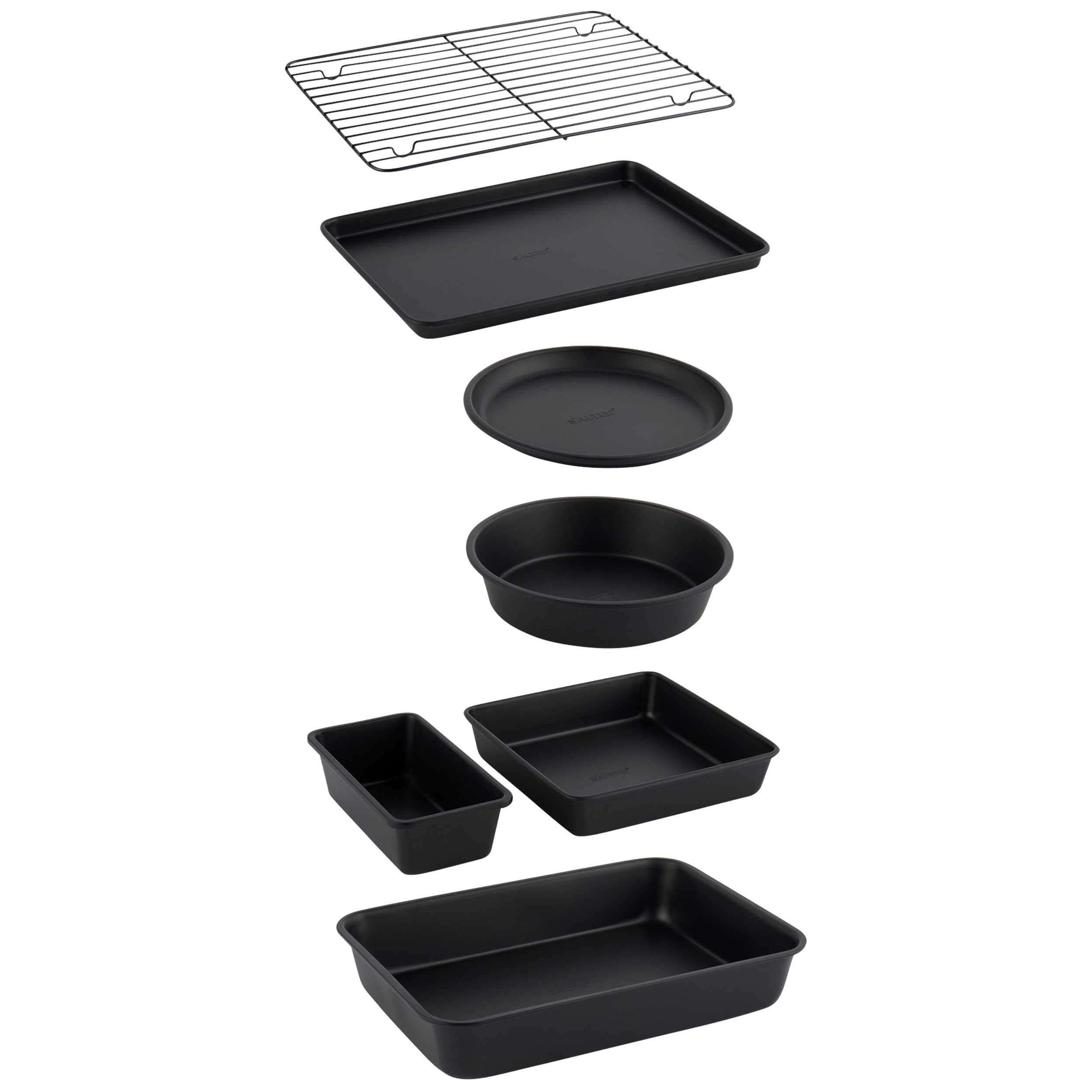 Bakes Stackable 7 Piece Bakeware Set – Non-Stick with Baking Tray, Cake Tin, Tart Tin, Loaf Pan, Brownie Pan, Roasting Tin, Cooling Rack, Compact Storage, PFOA-Free, Oven Safe, Black
