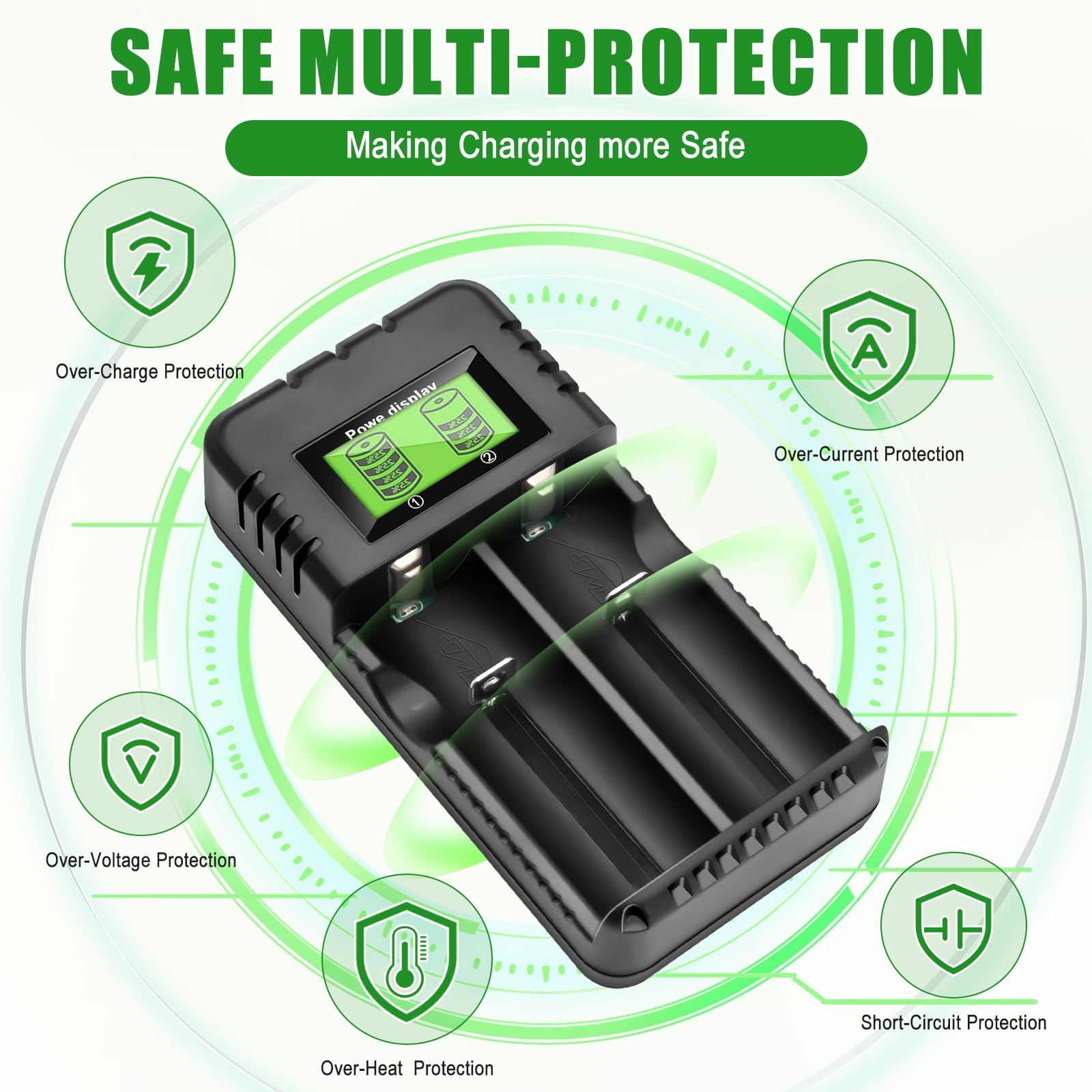 Caricatore per batteria 18650, caricabatterie intelligente agli ioni di litio con display LCD: caricatore rapido 2 in 1 per batterie da 3,7V - compatibile universalmente con 26650, 18650