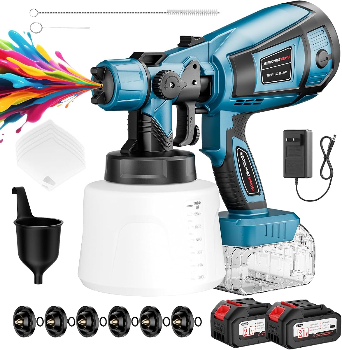 Cordless Paint Sprayer, 650W Spray Paint Gun with Battery 2 × 4.0mAh, 6 Brass Nozzles & 1400ML (47 fl.oz) Container, Paint Sprayer for House Painting Graffiti Wall Fence Furniture DIY Projects