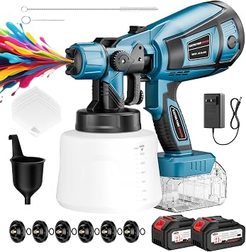 Cordless Paint Sprayer, 650W Spray Paint Gun with Battery 2 4.0mAh, 6 Brass Nozzles & 1400ML 47 fl.oz Container, Paint Sprayer for House Painting Graffiti Wall Fence Furniture DIY Projects