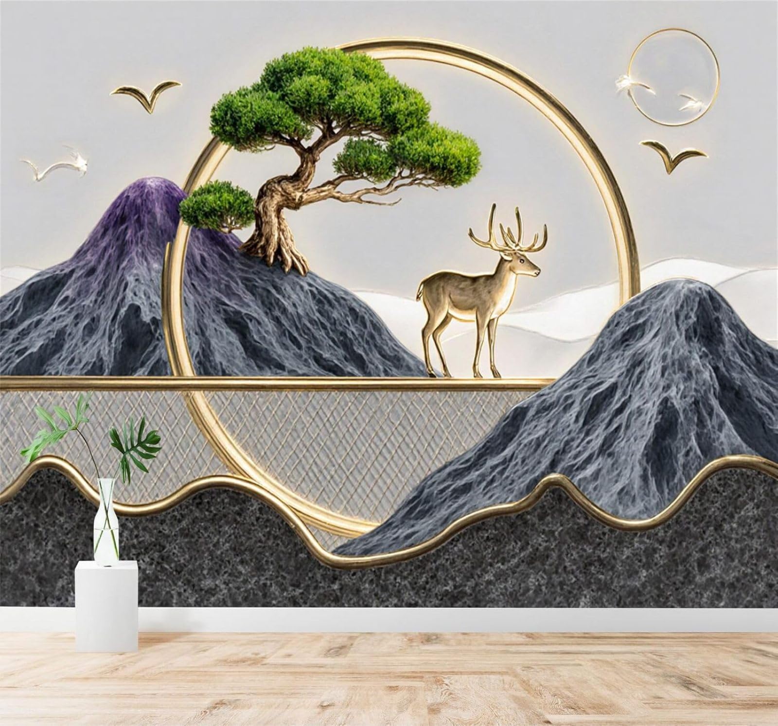 XLMING Golden Deer Trees Birds in Flight Mountain Peaks Landscape 3D Wallpaper Silky Texture Home Study Office Grey Dining Room Sofa Bedroom Living Room TV Backdrop-150cm×105cm