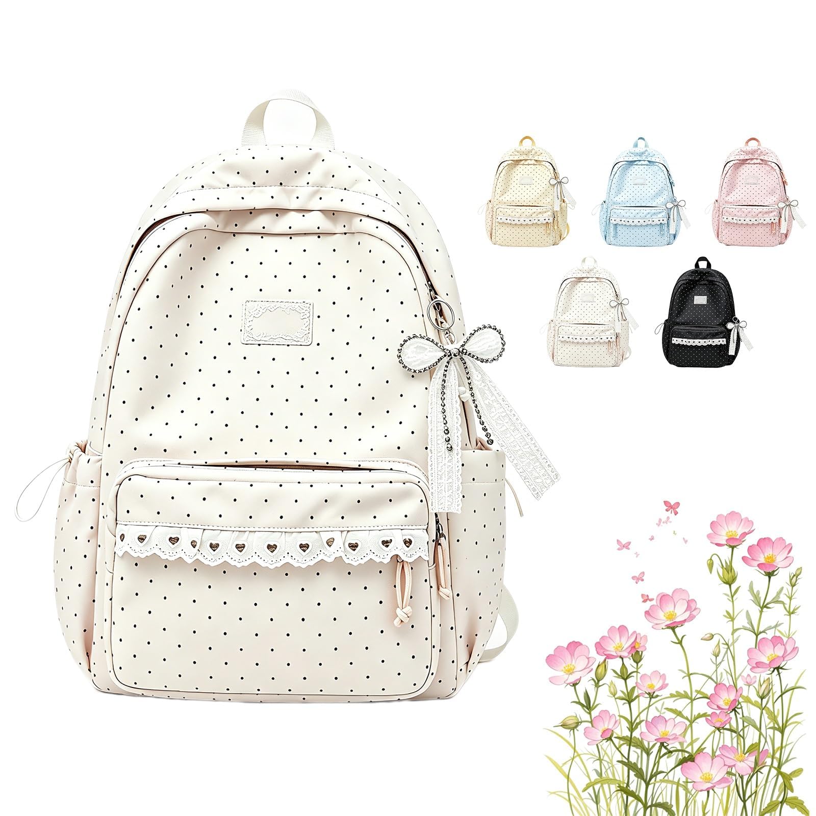 Zaino Da Donna In Nylon A Pois, Borsa Y2K Carino Per Laptop Libri, Zaino Da Viaggio Legero E Capiente, Borsa In Nylon Impermeabile Con Multi Scomparti, Zainos Casual Per Tutti I Giorni(Bianco)