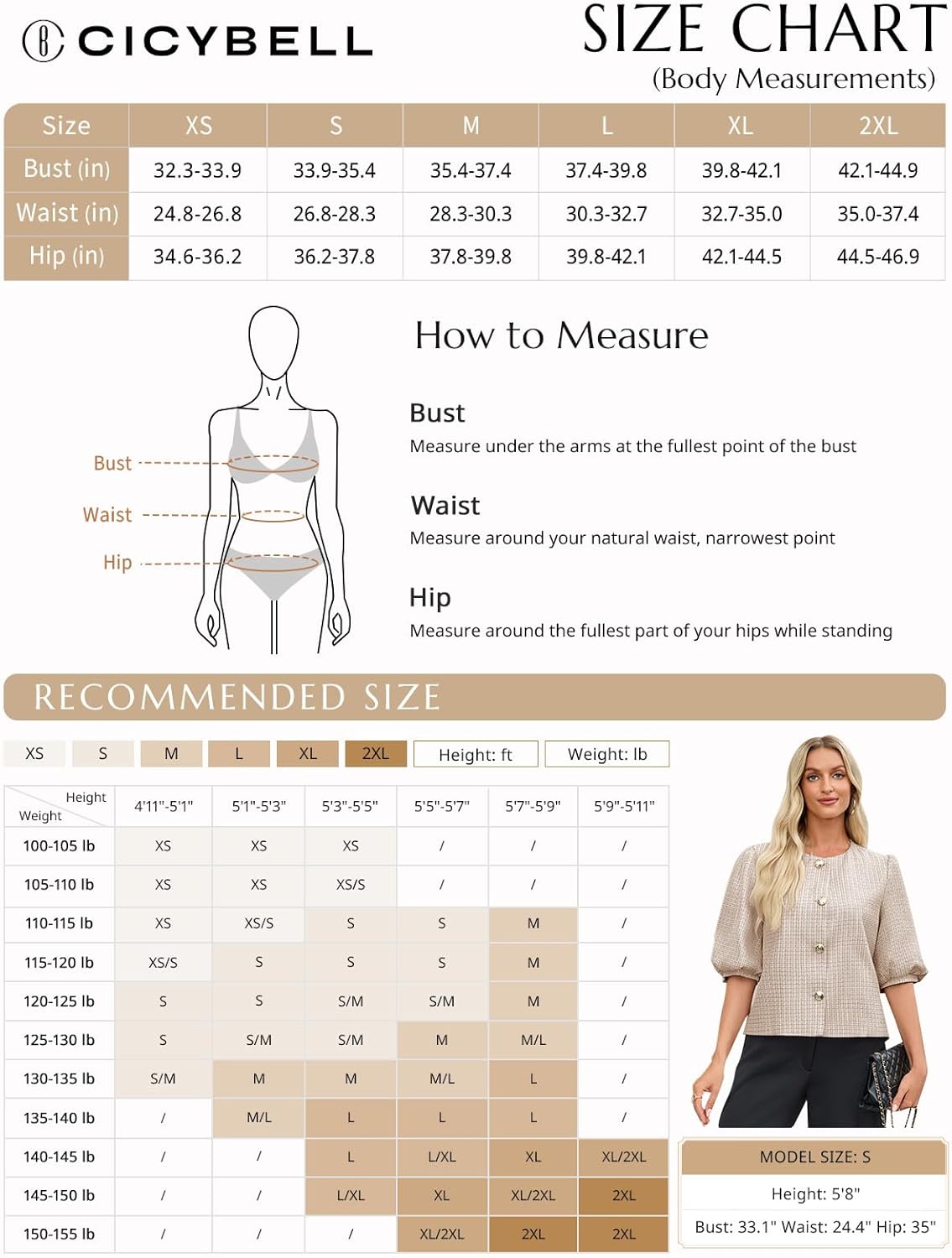 Cicy Bell Womens Cropped Tweed Blazers Puff Short Sleeve Crew Neck Button Business Casual Suit Jackets - Image 6