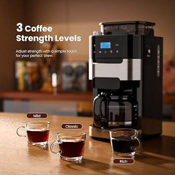 Kismile Drip Coffee Maker with Built-in Grinder, 10-Cup Grind and Brew Coffee Machine with Timer, Descaling Alert, Programmable with Brew Strength, 1.5L Water Tank, 2H Keep Warm for Home/Office