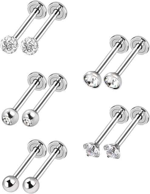 5 Styles 16 Gauge Stainless Steel Nose Studs Tragus Bars Labret Bars Crystal Ball Labret Body Piercing, 5 Pairs