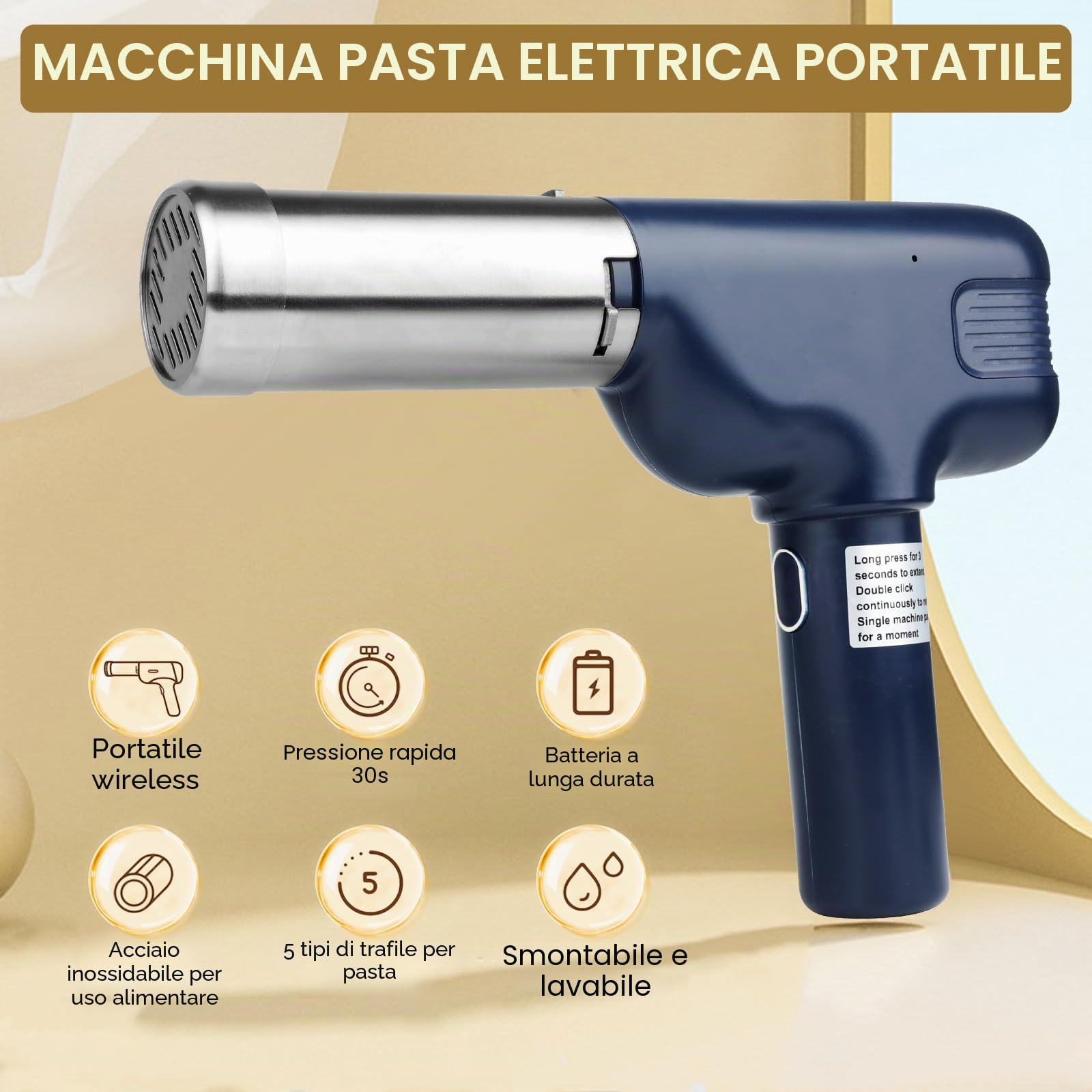 Macchina per Pasta Elettrica Portatile, Macchina per Fare Noodle Senza Fili 9 Accessori, Ricaricabile Macchina per la Pasta Fresca per Spaghetti/Fettuccine