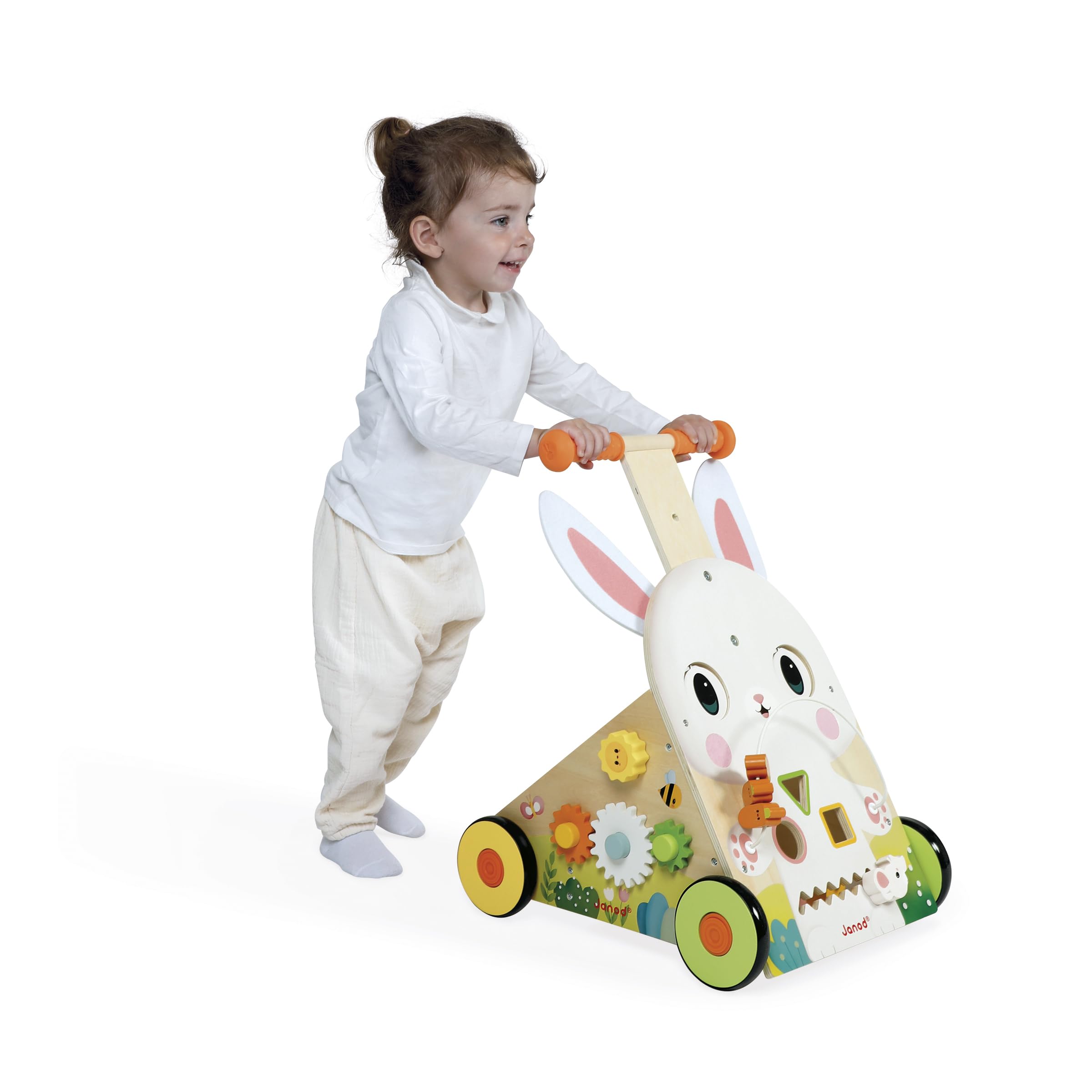 Janod - Chariot Multi-Activités Ferme - Chariot de Marche en Bois à Pousser - 9 Activités - Système Frein Breveté et Roues Silencieuses - Jouet d'Eveil pour Enfants Evolutif - Dès 12 Mois - J03326