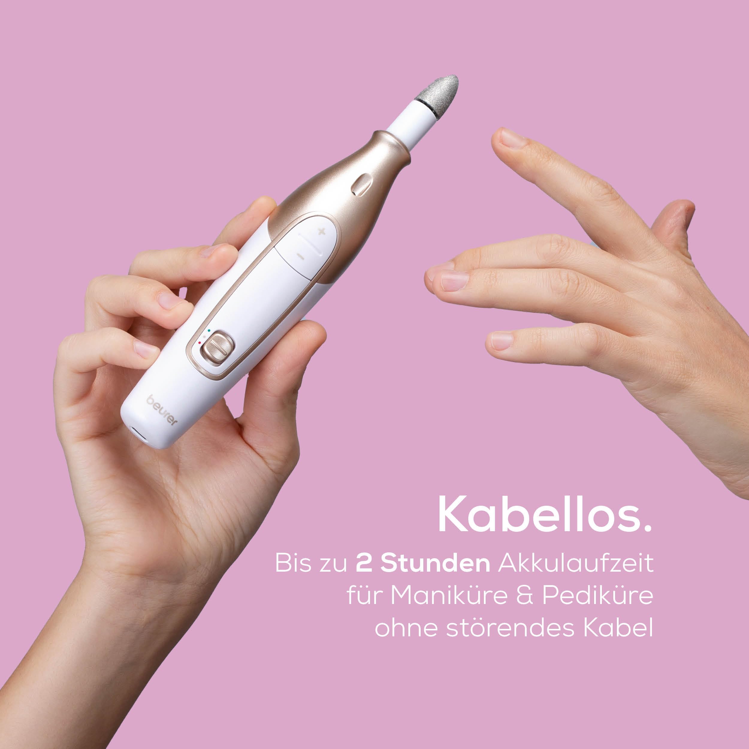 Beurer MP 64 Maniküre/Pediküreset, elektrisches Nagelpflegeset mit Akku, 10 Aufsätze zur Nagelpflege für schöne Hände und Füße, mit LED Licht, Einheitsgröße, White and gold - 3