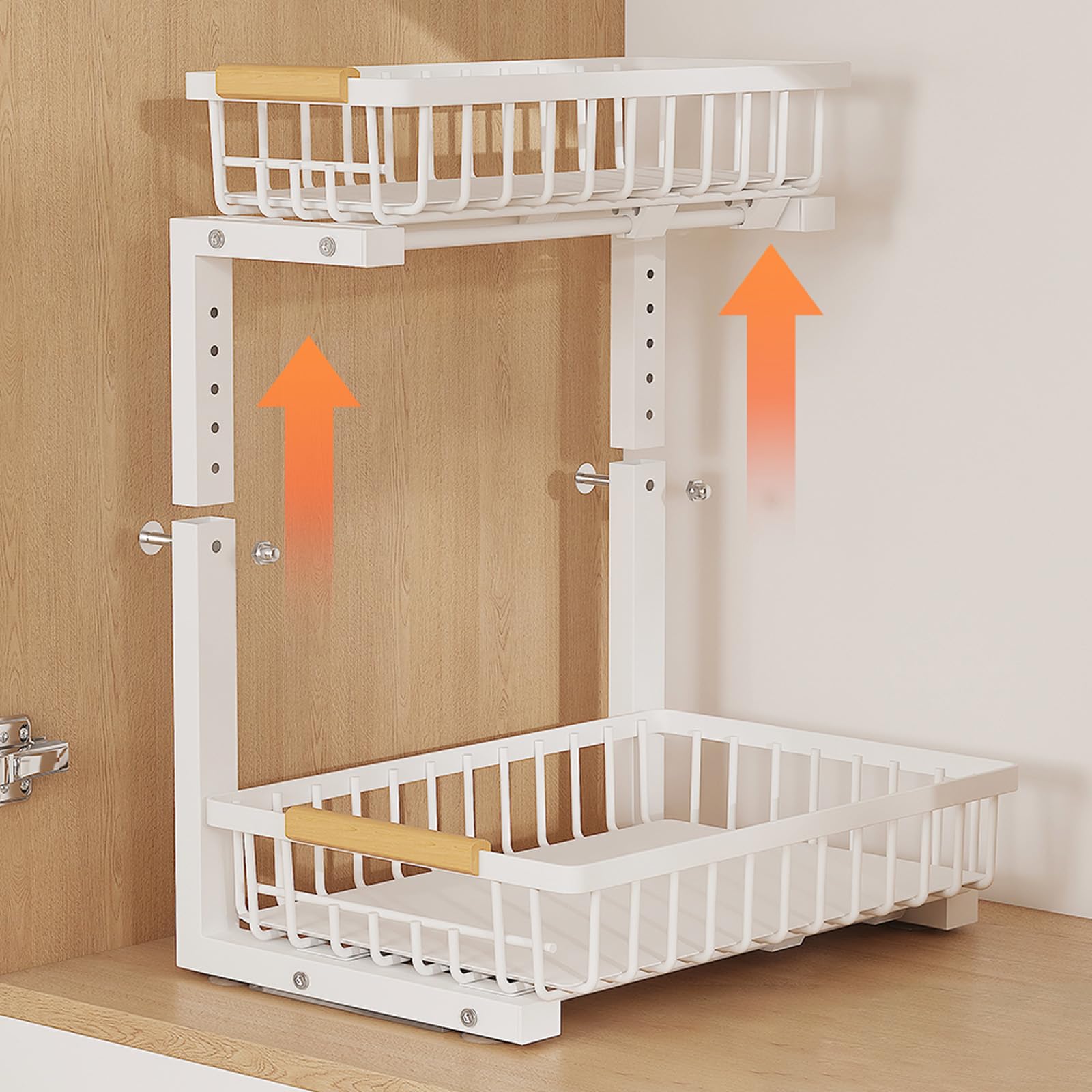 Lot de 2 Rangements sous Evier 2 Niveaux Étagère sous Évier Coulissant avec Hauteur Réglable Porte-épices Métal Tiroir Coulissant pour Cuisine, Salle de Bain, Buanderie (Blanc, 2pack)