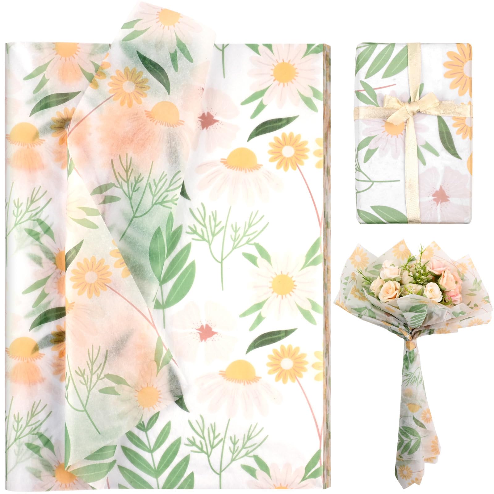 Bolsome 100 Sheets 20 * 14 Inches Daisy Tissue Paper for Gift Bags Spring Wild Flowers Dandelion Printed Gift Wrapping Tissue for Birthday Wedding Baby Shower Spring Holidays DIY Craft