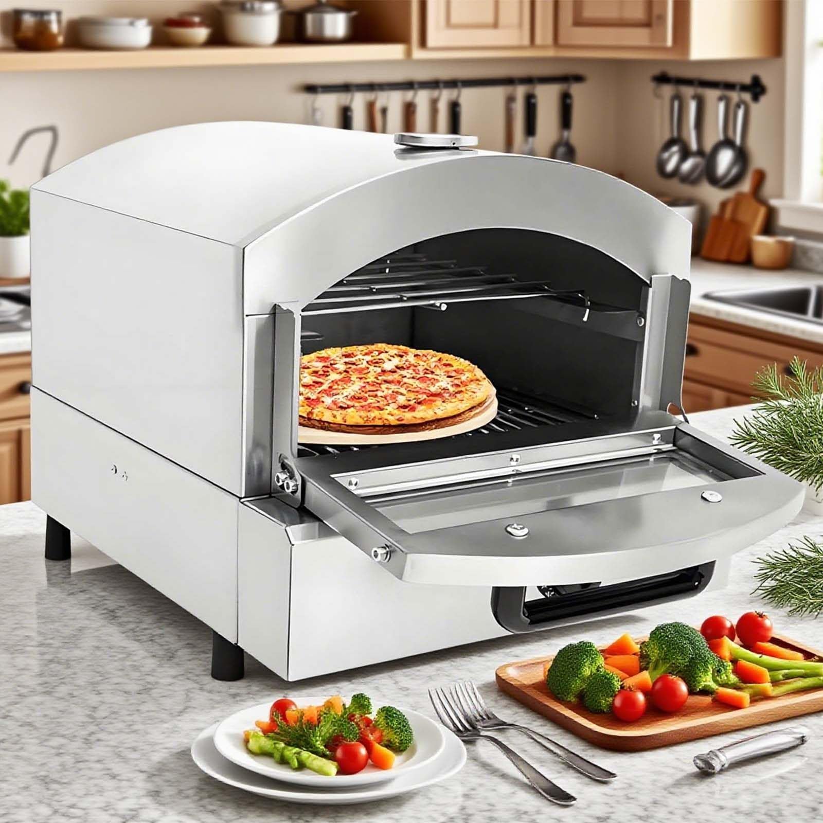 Forno A Gas per Pizza in Acciaio Inox - Termometro Esterno di Precisione Cottura, Design Antivento, Manopole dei Bruciatori Regolabili, Include Vassoio Raccogli-Gocce per Pizza, Valvola di