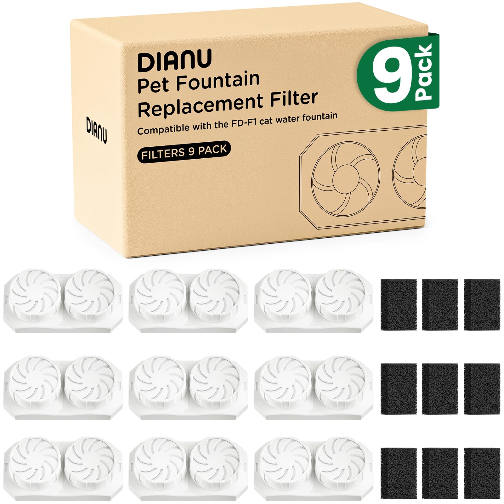 DIANU Official Cat Water Fountain Replacement Filters & Pre-Filter Sponges for 3.2L/108oz Stainless Steel Pet Fountain (9 Pack)