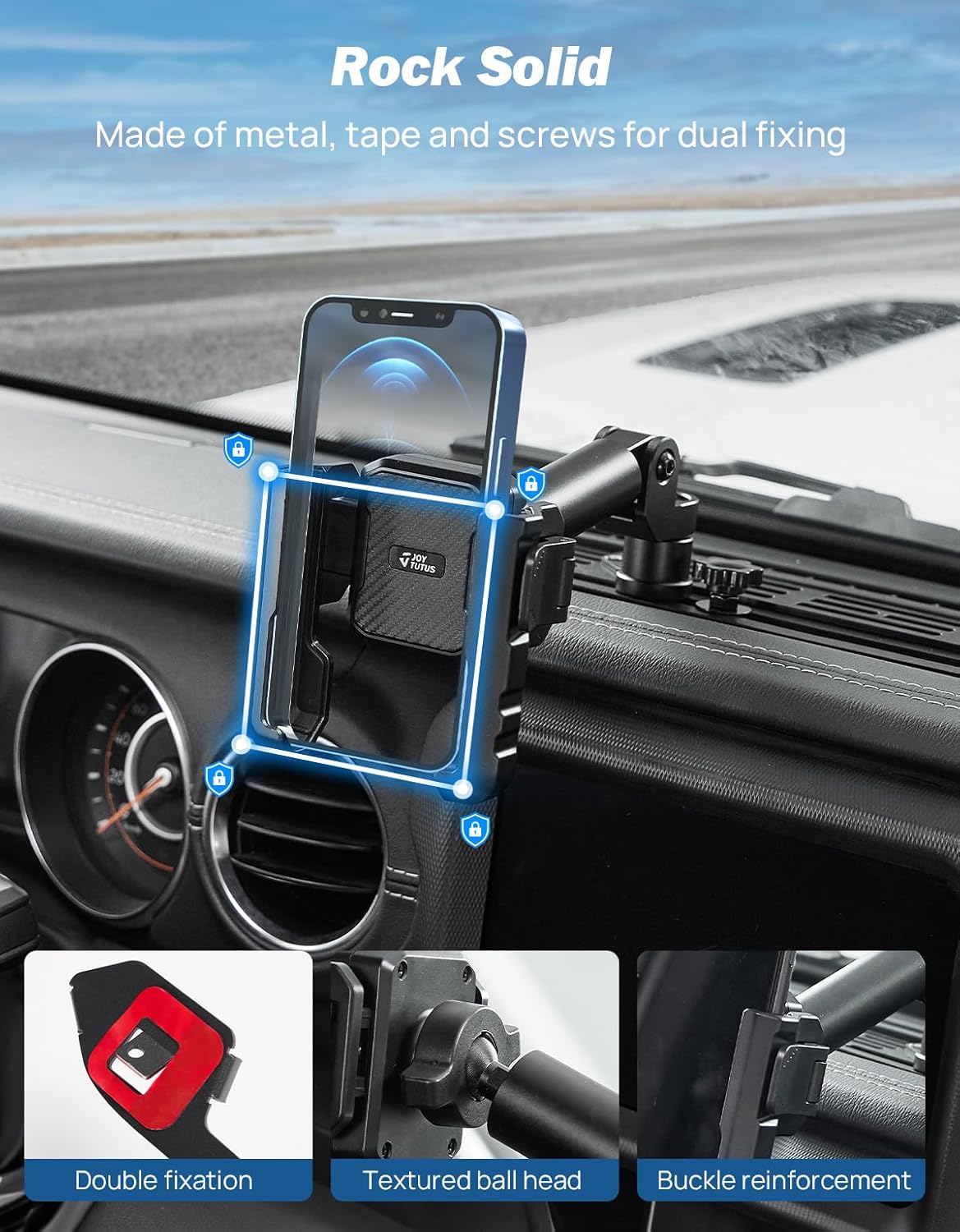 JOYTUTUS Metal Dash Platform Mount Phone Holder Compatible with 2018-2023 Wrangler JL 4x4 & 4xe 2020-2023 Gladiator JT| Custom Fit Phone Mount Expansion Platform| One-Hand Adjustable Clip