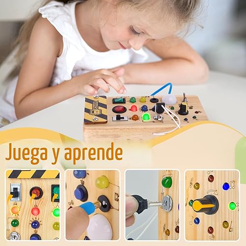 Miniatura 3 de Hoarosall Montessori Tablero de madera con 8 interruptores de luz LED, juguetes sensoriales, interruptor de luz, juguetes de viaje para bebés de 1