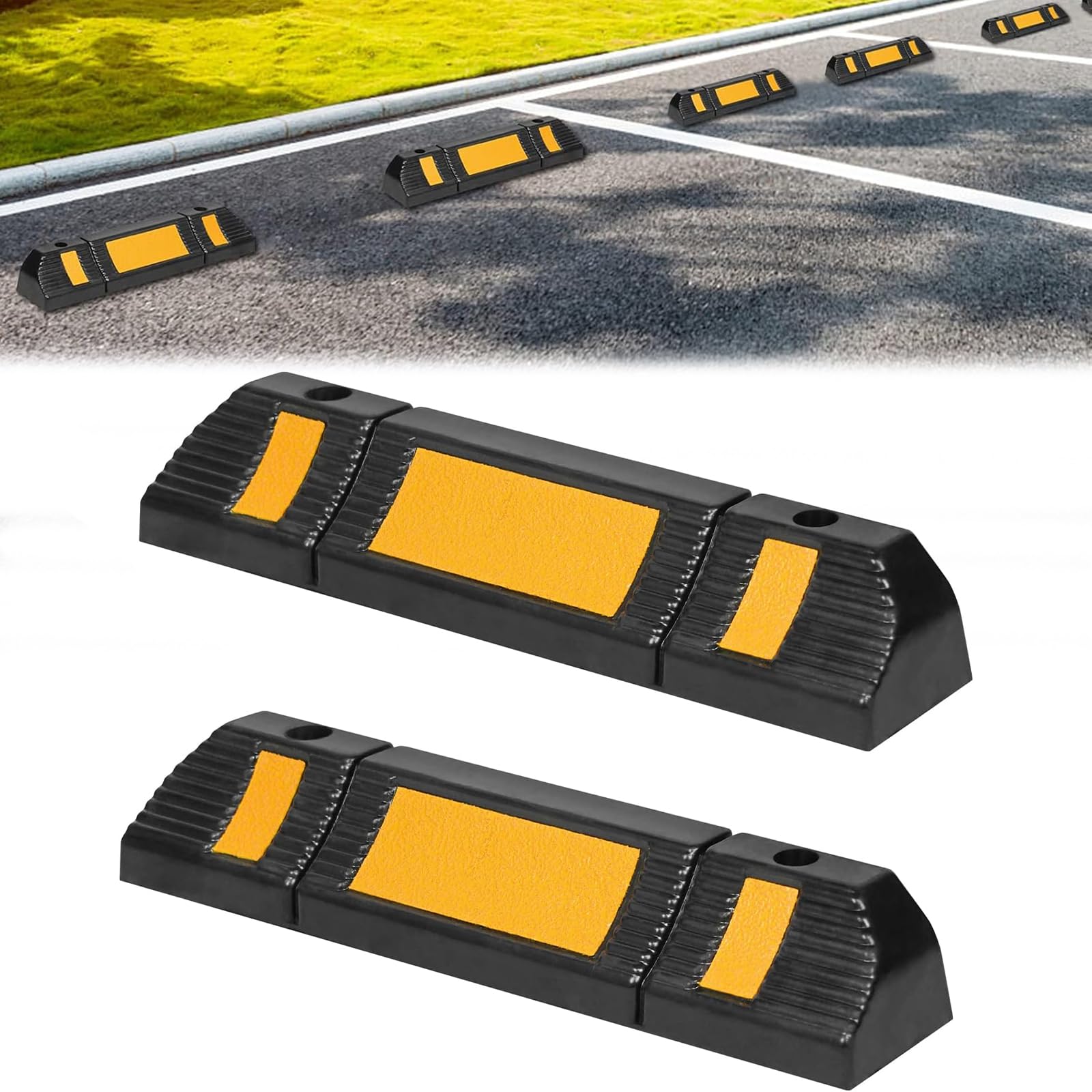 Yunvin Pack of 2 Car Wheel Chock, Heavy Duty Rubber Parking Block with Yellow Reflective Strips, Includes Screws, Parking Wheel Stopper for Cars, Trailer, and Garage
