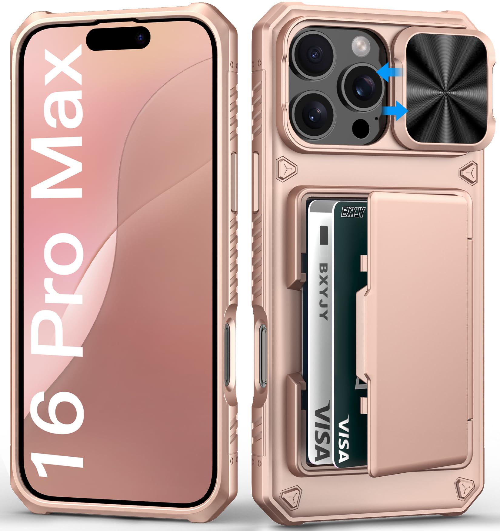 for iPhone 16 Pro Max Phone Case Wallet, Card Holder (4-5 Cards), Military Grade Protection, Slide Camera Cover Rugged Women Girly Men Protective Case for iPhone16 Pro Max, Rose Gold