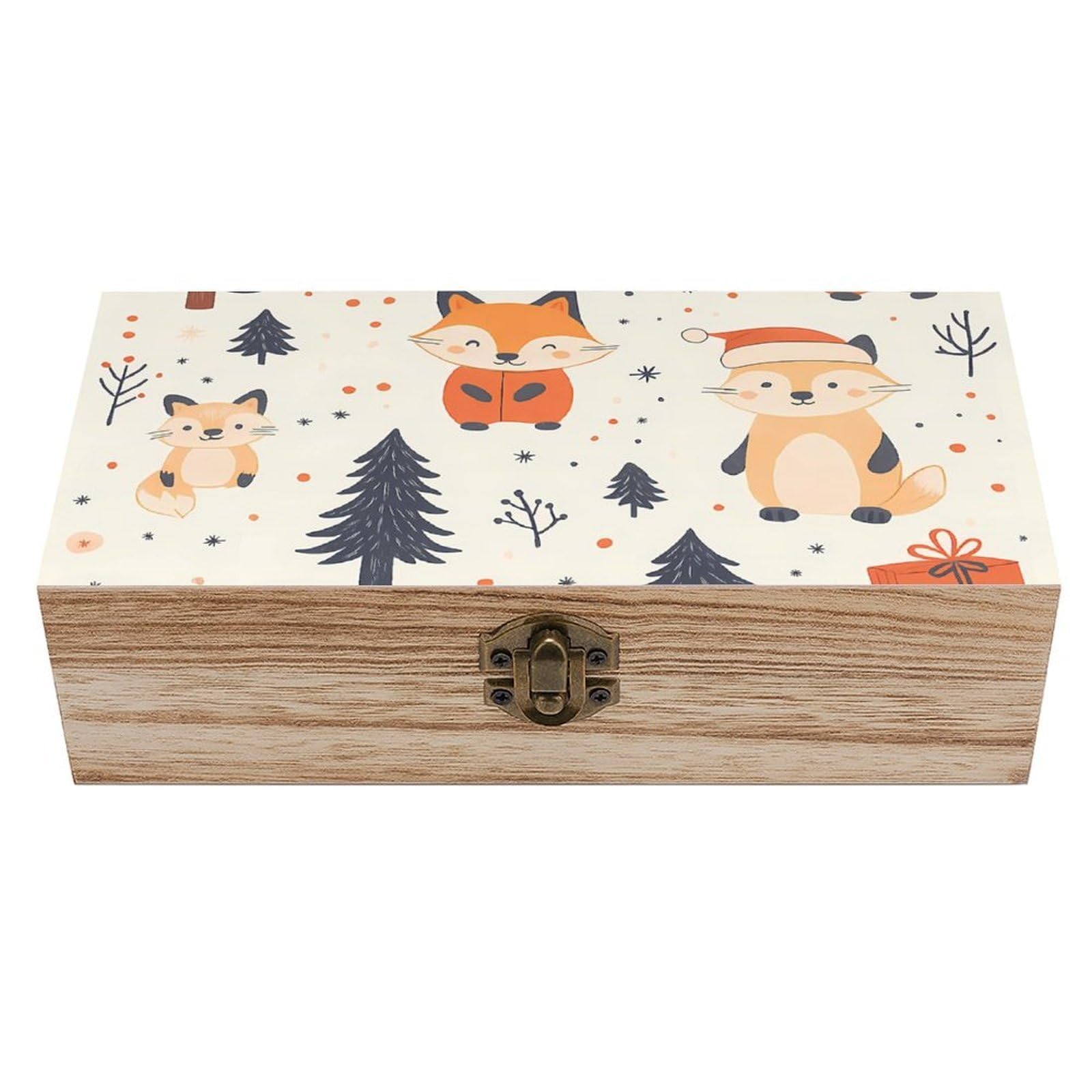 HLBSDM Christmas Fox & Gift Retro Wooden Storage Box Jewelry Art Gift Boxs Decorative Keepsake Boxes