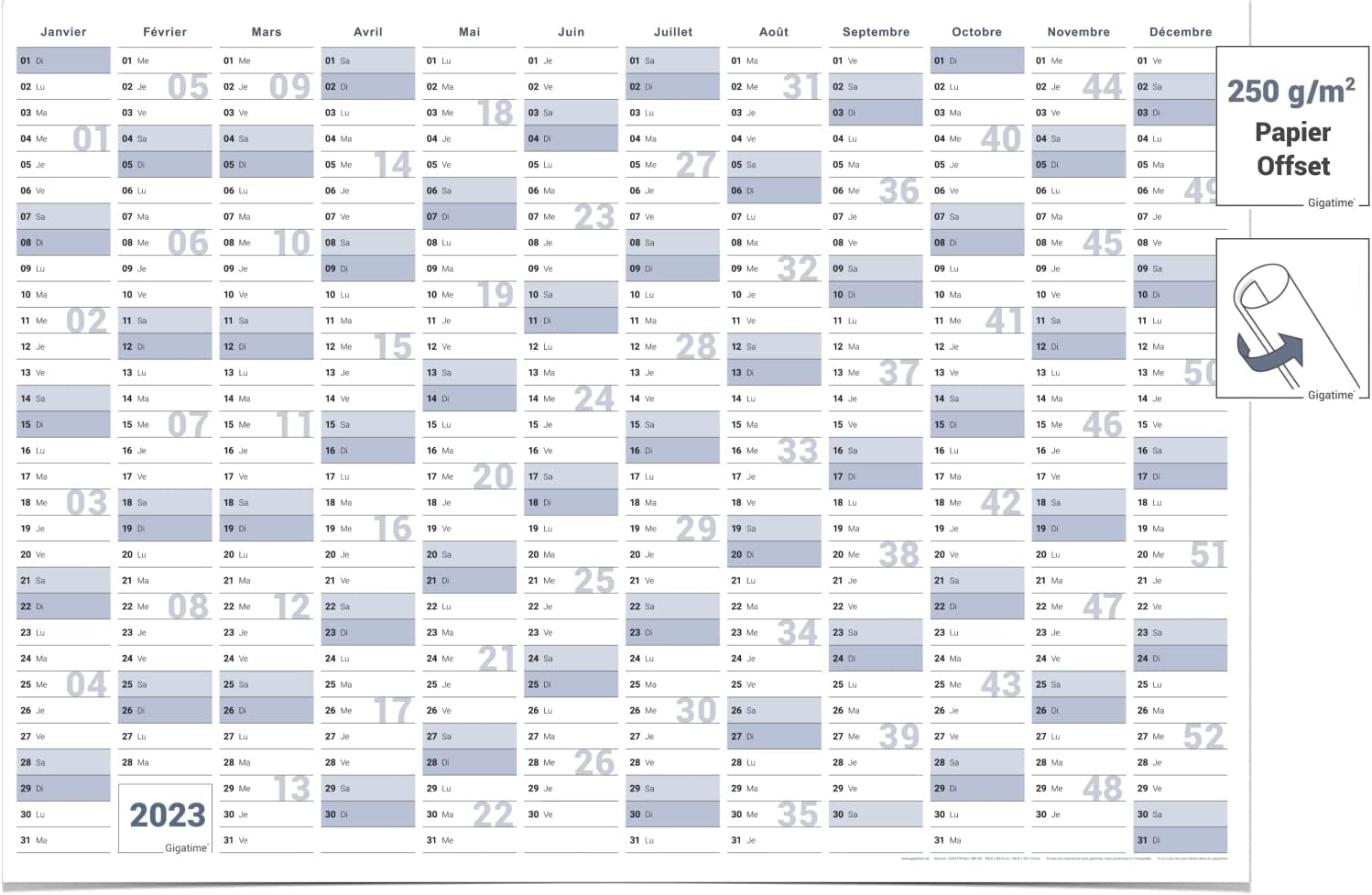 Gigatime Calendrier Mural Annuel 2026 Format A0 XXL - Grand Poster Bleu-Gris Premium 118x84 Cm Pliée