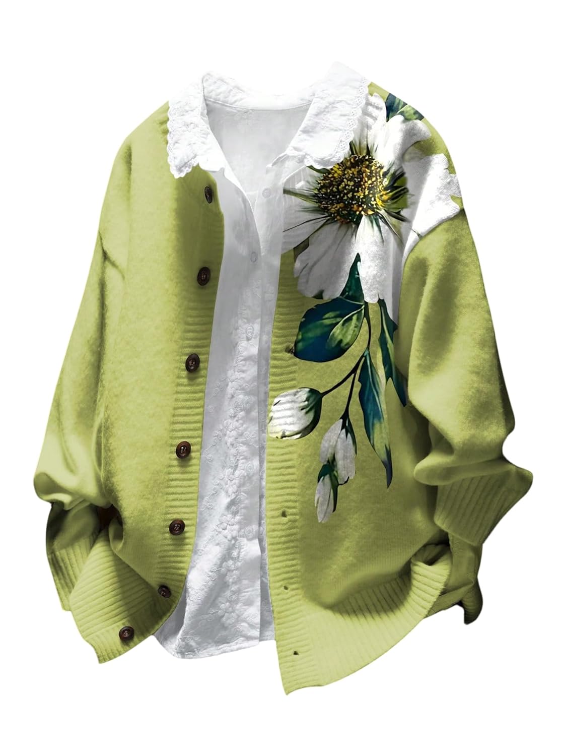 Womens Floral Cardigan Sweater Fall Cozy Oversized Sweater Lightweight Cardigan Crew Neck Long Sleeve Knit Top
