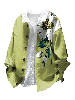 Womens Floral Cardigan Sweater Fall Cozy Oversized Sweater Lightweight Cardigan Crew Neck Long Sleeve Knit Top