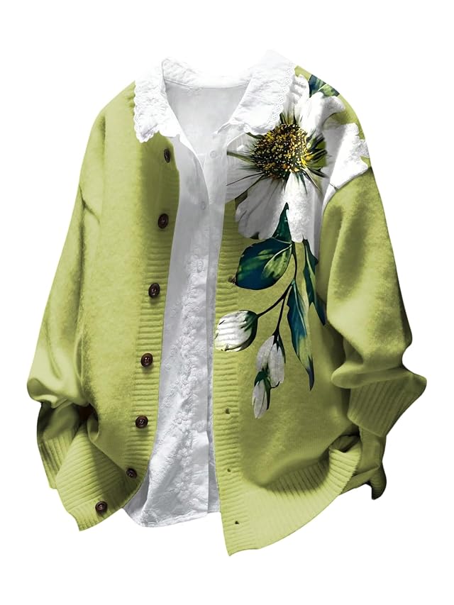Womens Floral Cardigan Sweater Fall Cozy Oversized Sweater Lightweight Cardigan Crew Neck Long Sleeve Knit Top