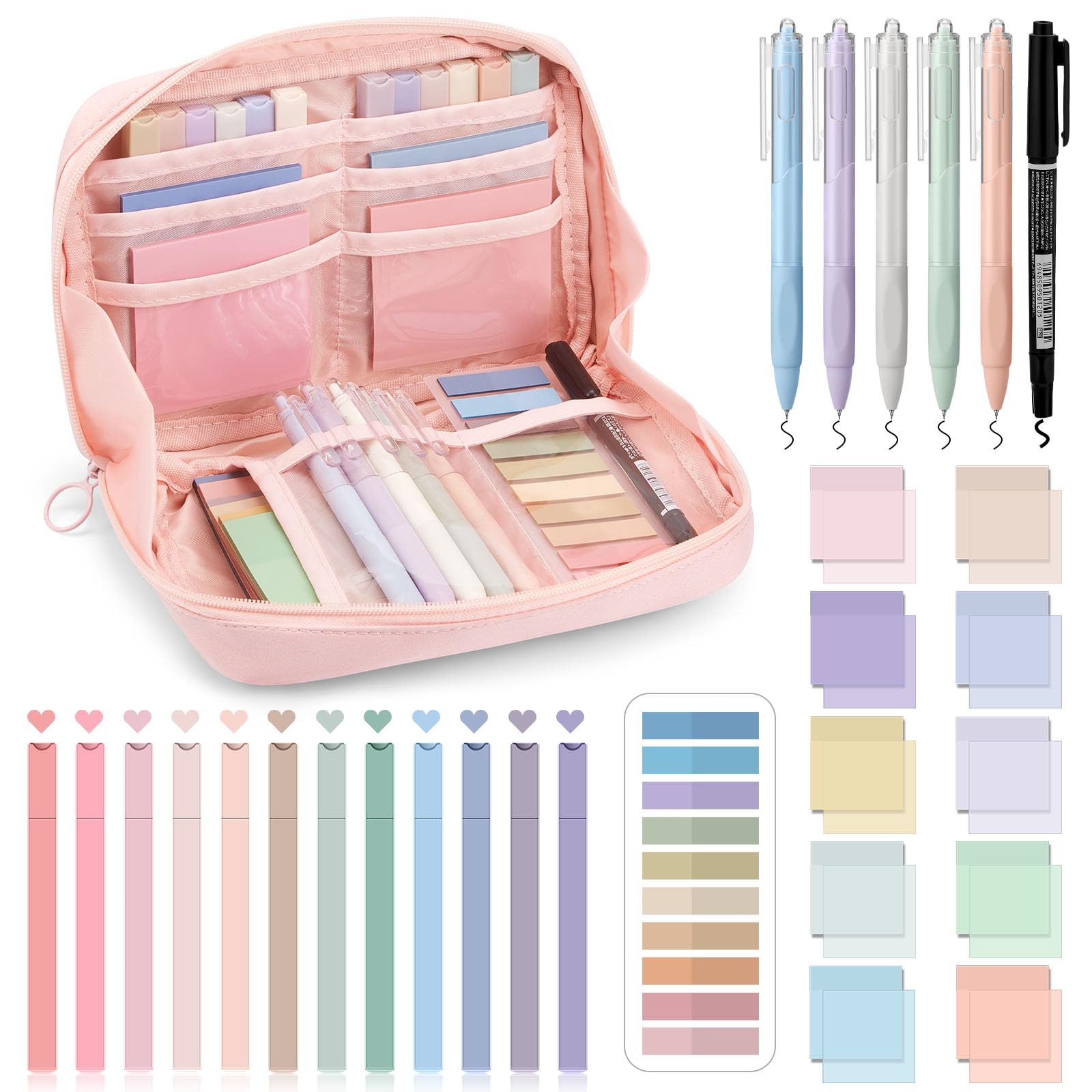 Jutom 39 Pcs Aesthetic Book Annotation Kit Highlighter with Pencil Case Bag Gel Pen Transparent Sticky Note Taking Bible Study College School Supplies