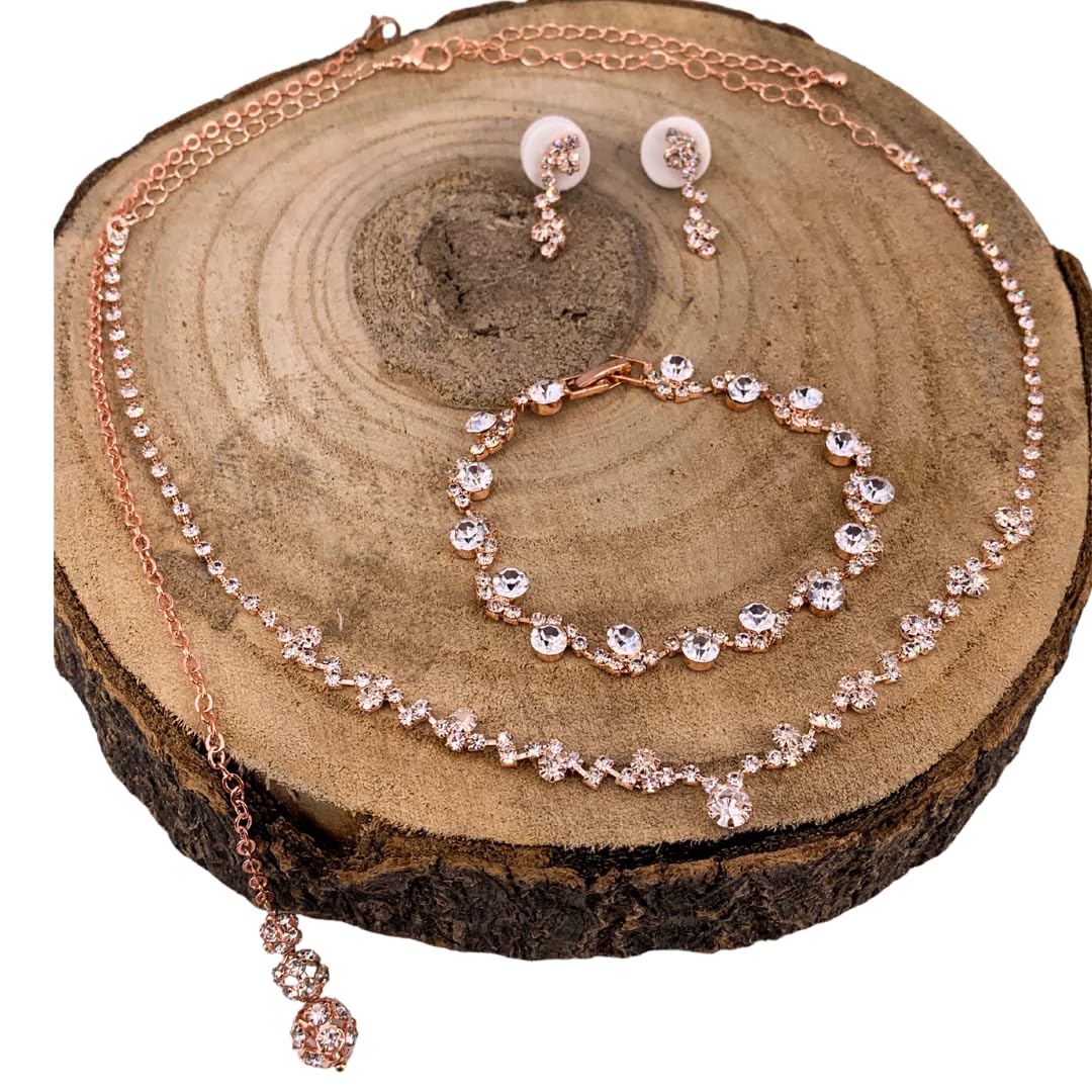 Brautschmuck Set Rosegold, Rückenkette mit Strass 23cm, Collier 38-48cm, Armband 18,5cm, Ohrringe 2,5cm