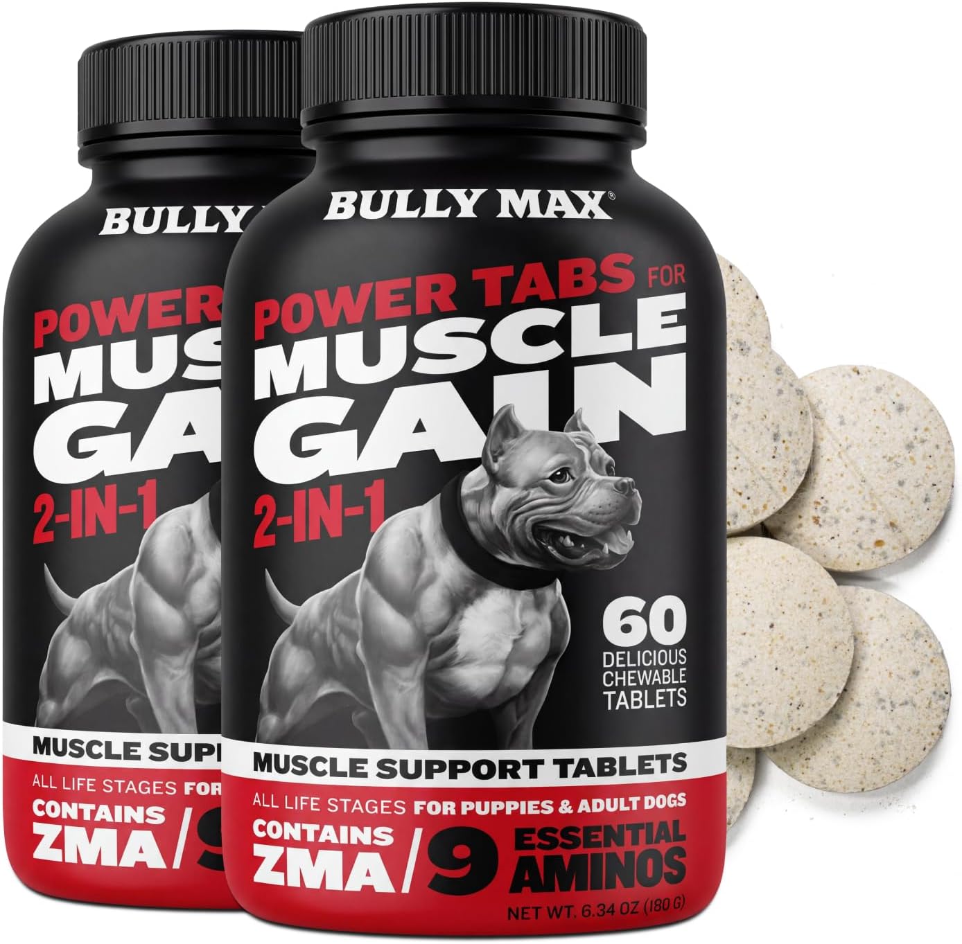 Bully Max 2-in-1 Muscle Builder Chewable Tablets for Dogs - Puppy & Dog Vitamins, Supplements for Muscle Gain & Growth - Canine Multivitamins Essentials for All Breeds & Ages - 60 Tabs, 2 Bottles