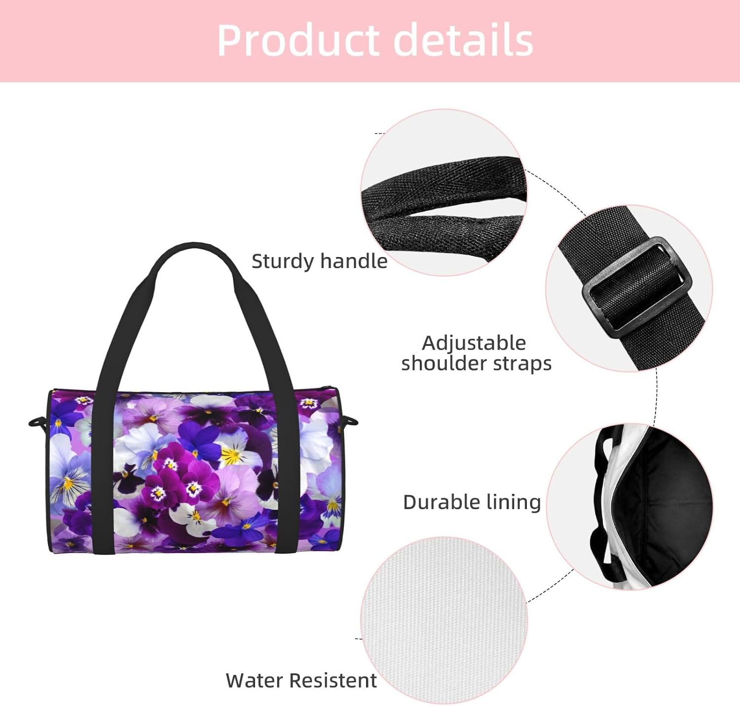 Purple Flower Print Sports Tote Bag Lightweight Water-Resistant Gym Backpack Travel Supplies