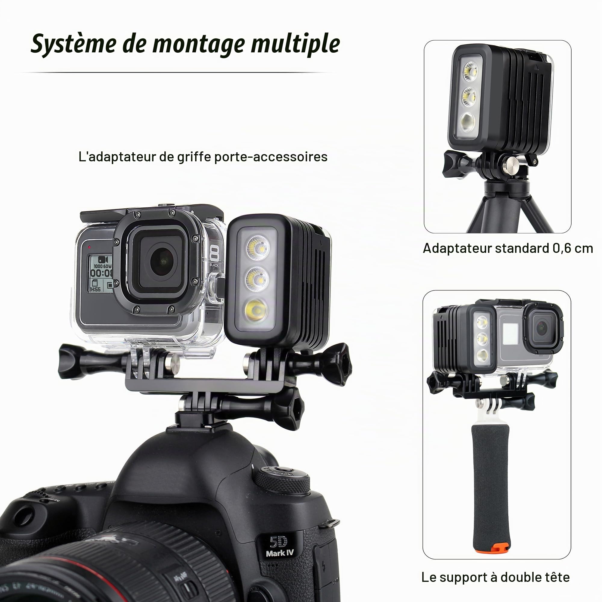 GEPULY Lampe sous-marine de plongée – 450 lm haute puissance 3 modes à intensité variable 50 m étanche LED pour GoPro Hero 13 12 11 10 9 8 7 6 5 4 3+ 3 DJI Osmo Action 3 4 5 Pro 6 AKASO