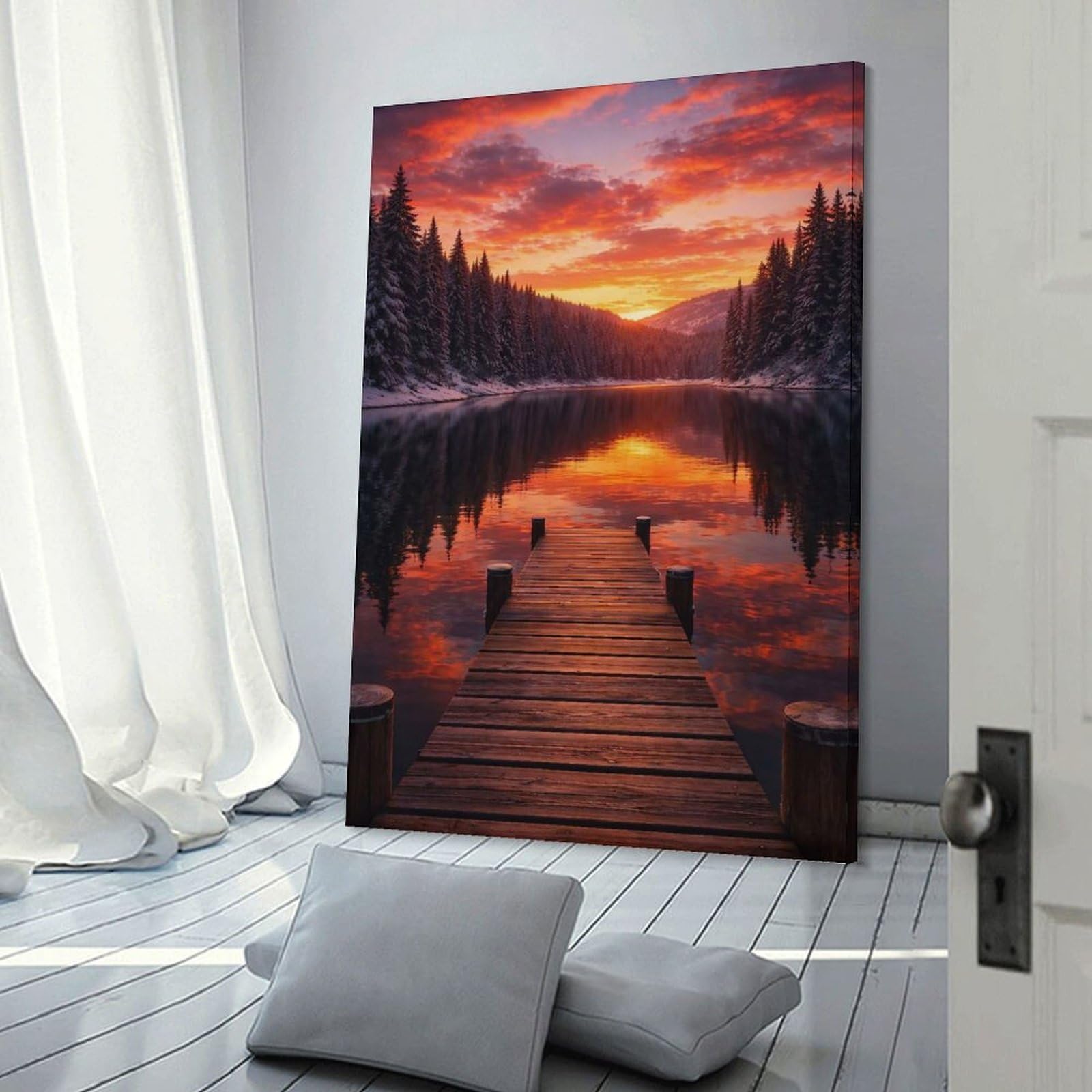 Junmoney Frame-Style-13 Winter Lake Sunset Dock View Decorative Wall Artwork 12X18inch(30X45cm), For Living Room, Lounge Or Sitting Room, A Home Accent With Warm Character