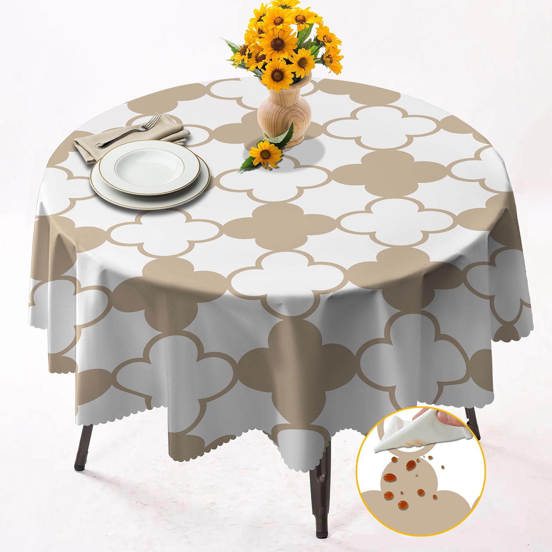 Round Tablecloth 152cm Wrinkle Free Washable Polyester Table Cloth for Circular Table, Home Dining Party Use,Khaki Pattern Round Wipe Clean Tablecloth 60 Inches (Color 03)