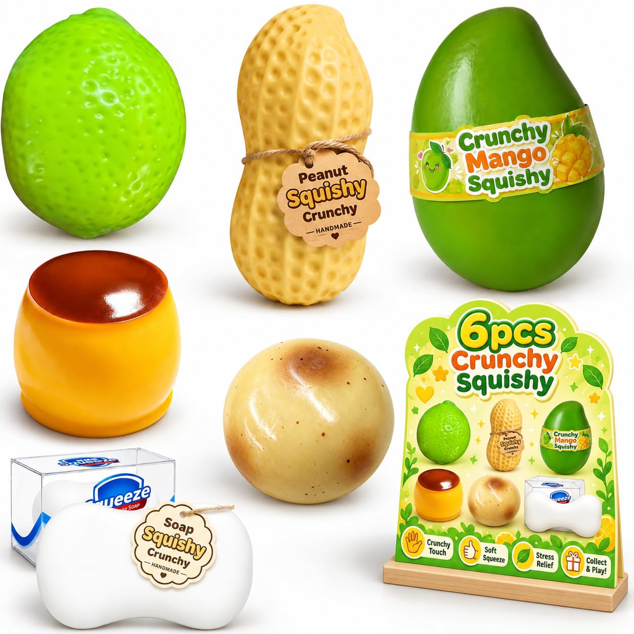 6PCS Crunchy Squishy Set Crunchy Squishies Squeeze Stress Ball
