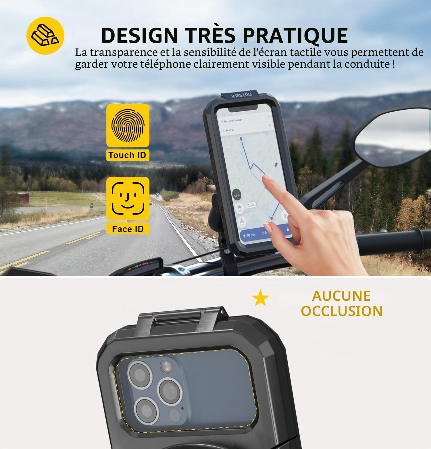 iMESTOU IP66 Support étanche pour Téléphone de Moto avec Tête Sphérique de 2,5 cm Convient pour Les Accessoires de Taille B, pour Téléphones de 5,5" à 6,8" avec Une épaisseur Max Épaisseur 11mm (L)
