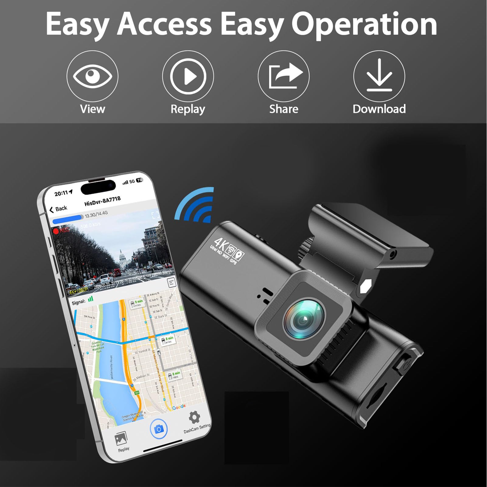 Zunate Kamera na Desce Rozdzielczej, Ekran 3,18 Cala, Podwójny Tylny Aparat 4K Front 1080p, Rejestracja Pętli o Szerokości 170 Stopni, 5G WiFi, Kontrola Aplikacji, GPS, 24 -godzinny