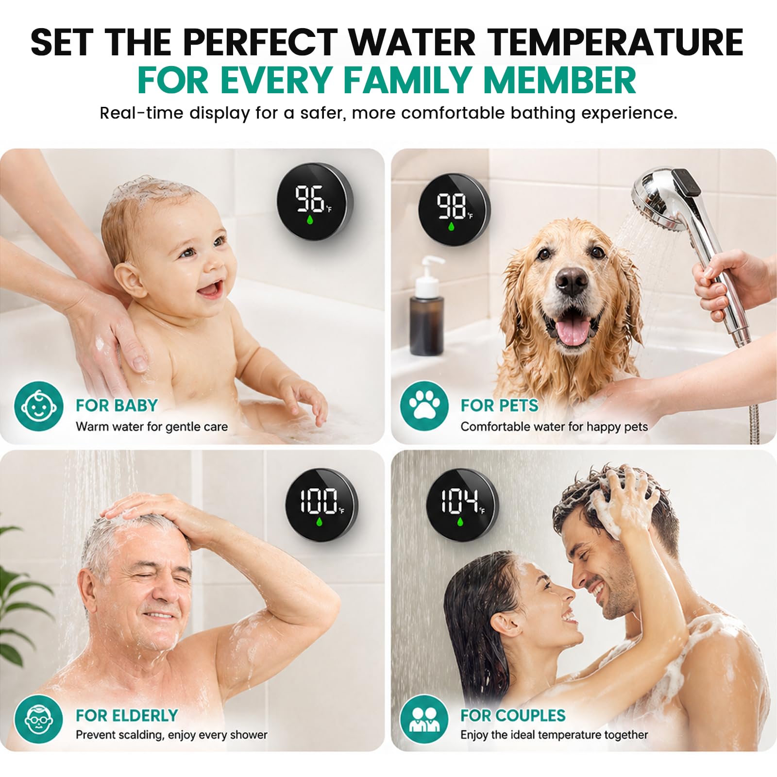 Longriver MX08 Drahtloser Duschtemperaturmonitor mit Wasserdichtem Echtzeit-Anzeige, Wasserbetriebener Sensoreinheit – Kompatibel mit Den Meisten Duschtöpfen, Handduschen und Filtern