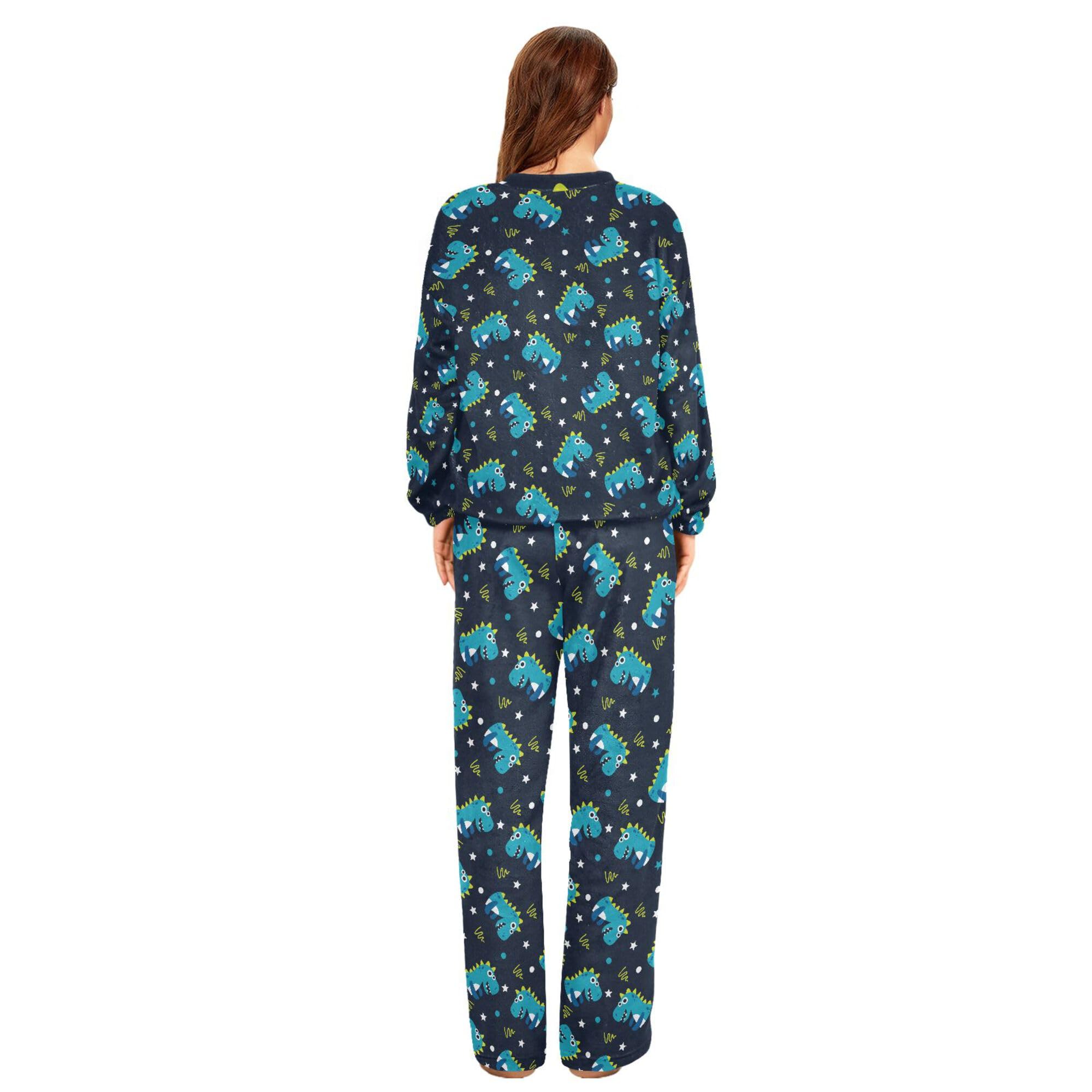 ALAZA Conjunto de pijama de forro polar para mujer, diseño de dinosaurio, manga larga, ropa de dormir de dos piezas, ropa de dormir térmica, pijama súper suave, talla S