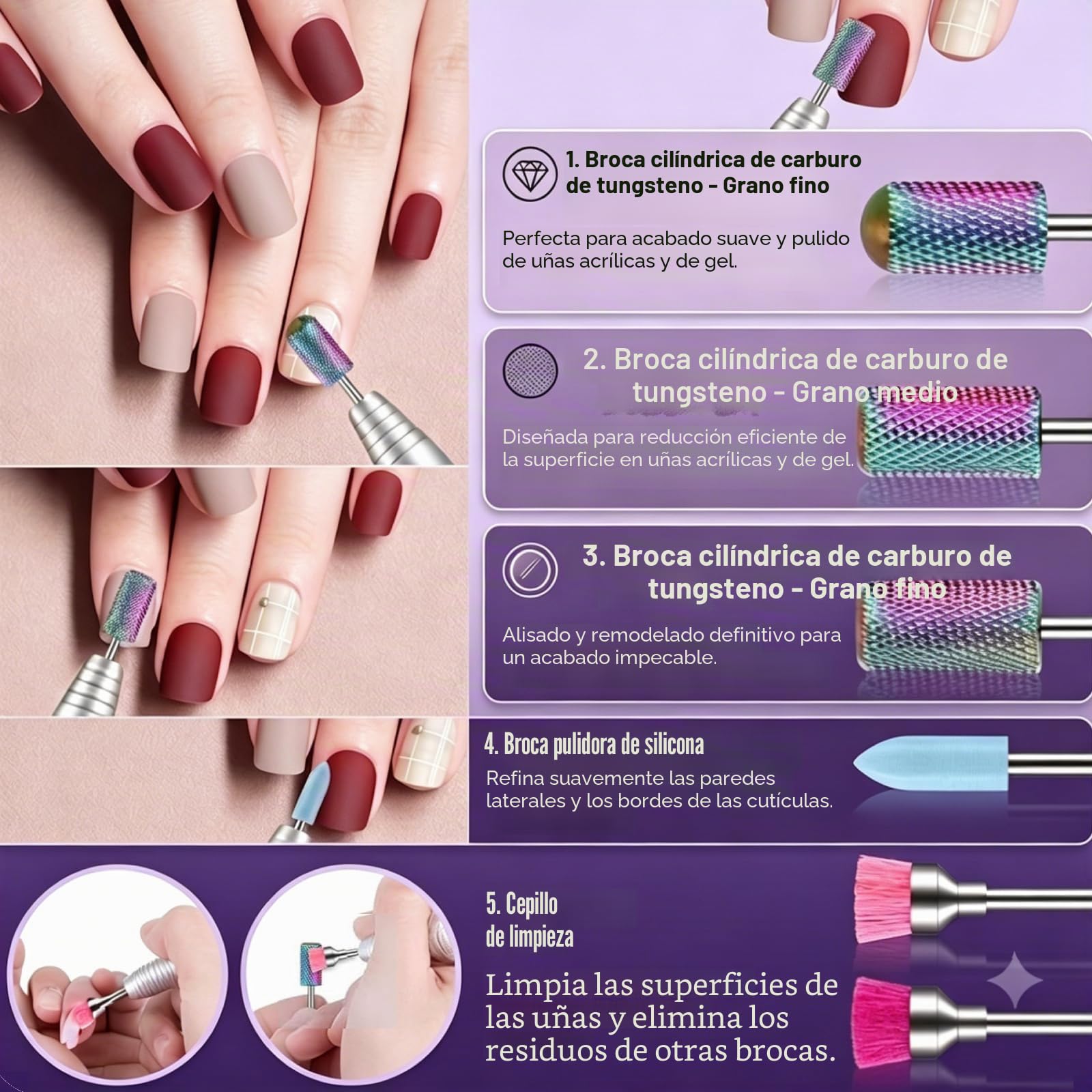 Depvko Juego de 25 brocas para uñas con estuche plateado y 50 bandas de lijado, 3/32'' fresas torno para uñas herramienta para quitar cutículas carburo diamante cerámica para esmalte de uñas, salón