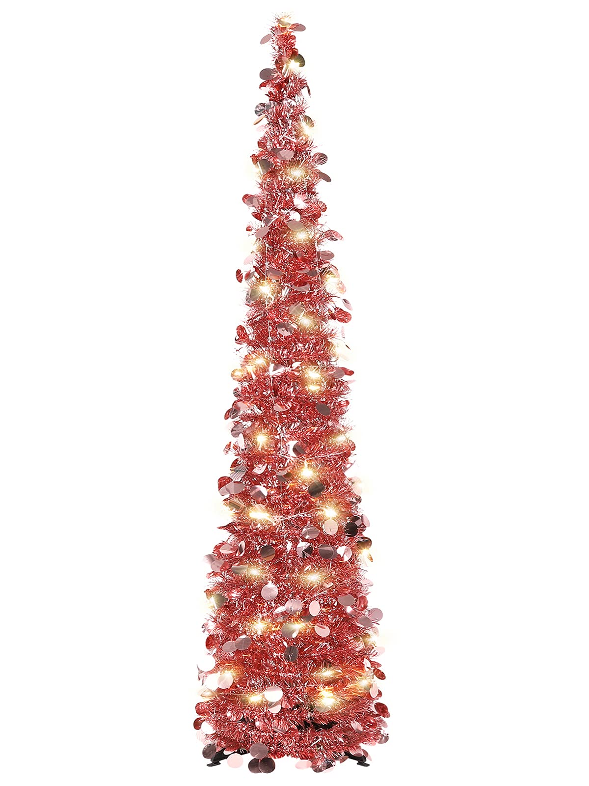 HMASYO 5 Ft Pop Up Christmas Tree with 50 Warm Lights 3D Topper Star, Collapsible Glitter Tinsel Artificial Christmas Pencil Trees Holiday Xmas Decoration for Indoor Home Office