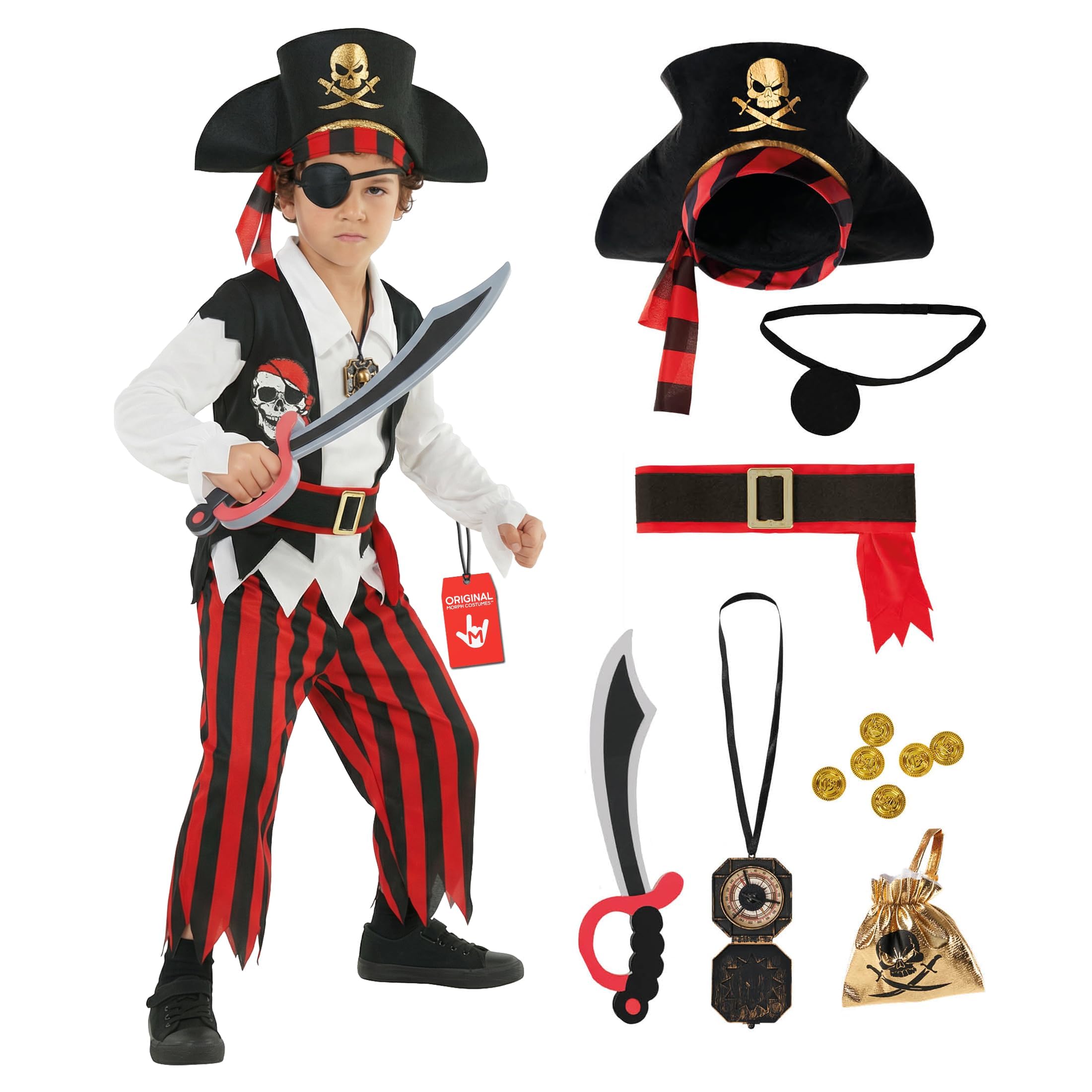 Morph Disfraz Pirata Niño Rojo, Capitán Pirata con Accesorios, Disfraces para Carnaval y Halloween