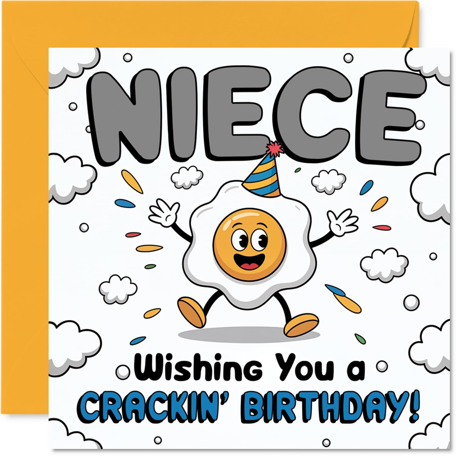 Playful Birthday Card for Niece - Egg-stra Fun for Your Day - Cartoon Egg in a Party Hat Brings Birthday Smiles - 145mm Square, Envelope Included
