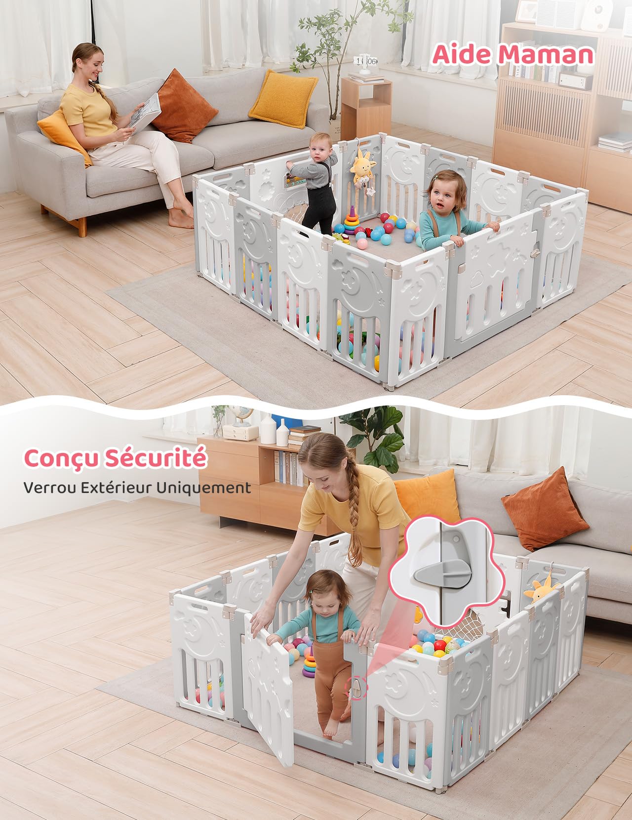 Dripex Parc bebe modulable plastique, panneau pour parc bebe modulable, 2 panneaux, Gris et blanc