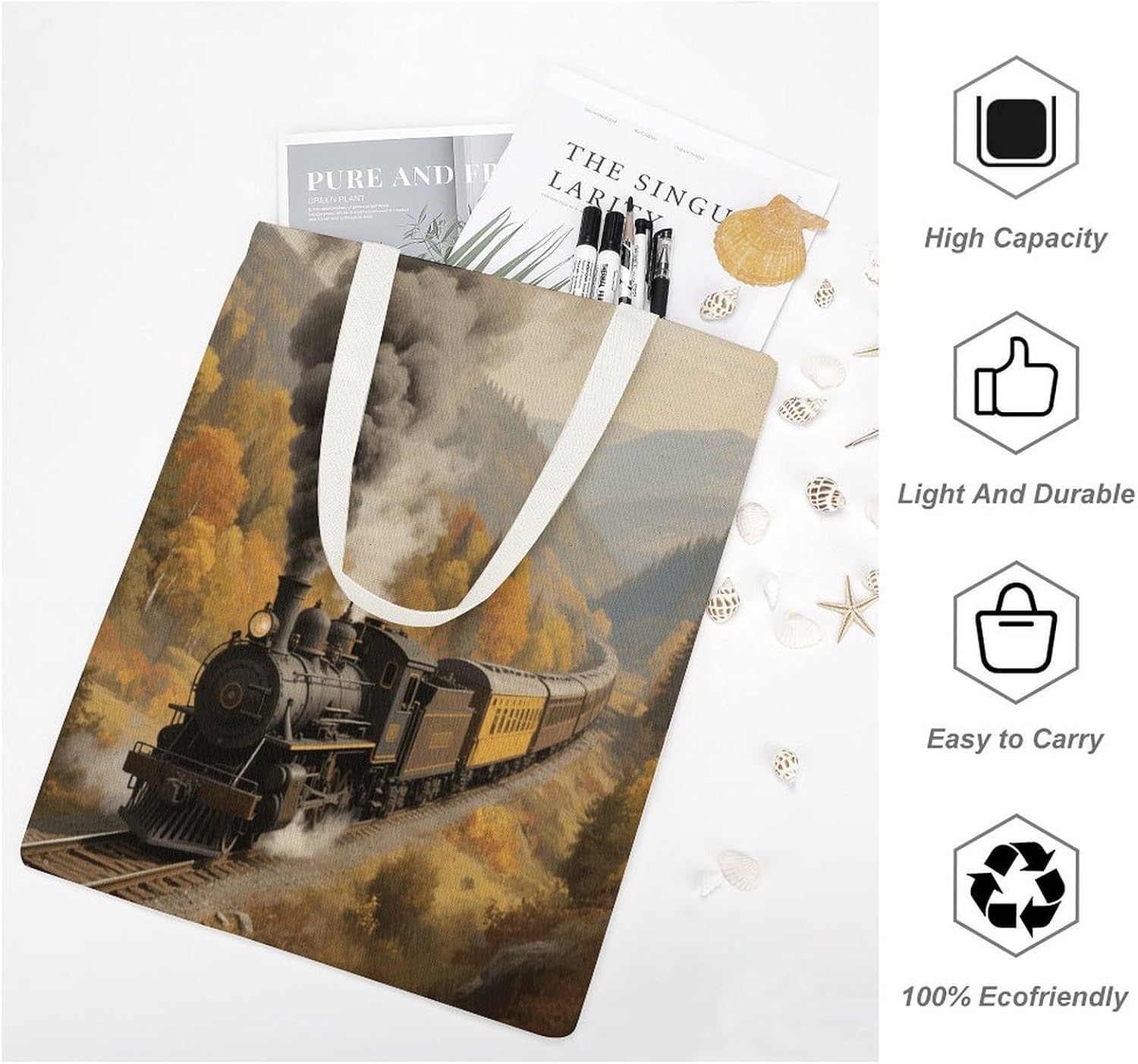 Canvas Tote Bag 16x15 In Lightweight Foldable Shoulder Hobo Purse | Steam Train Valley, Casual Tote with 10" Strap, Everyday Carryall, for Travel Work Grocery Shopping Beach Mark Gym Yoga