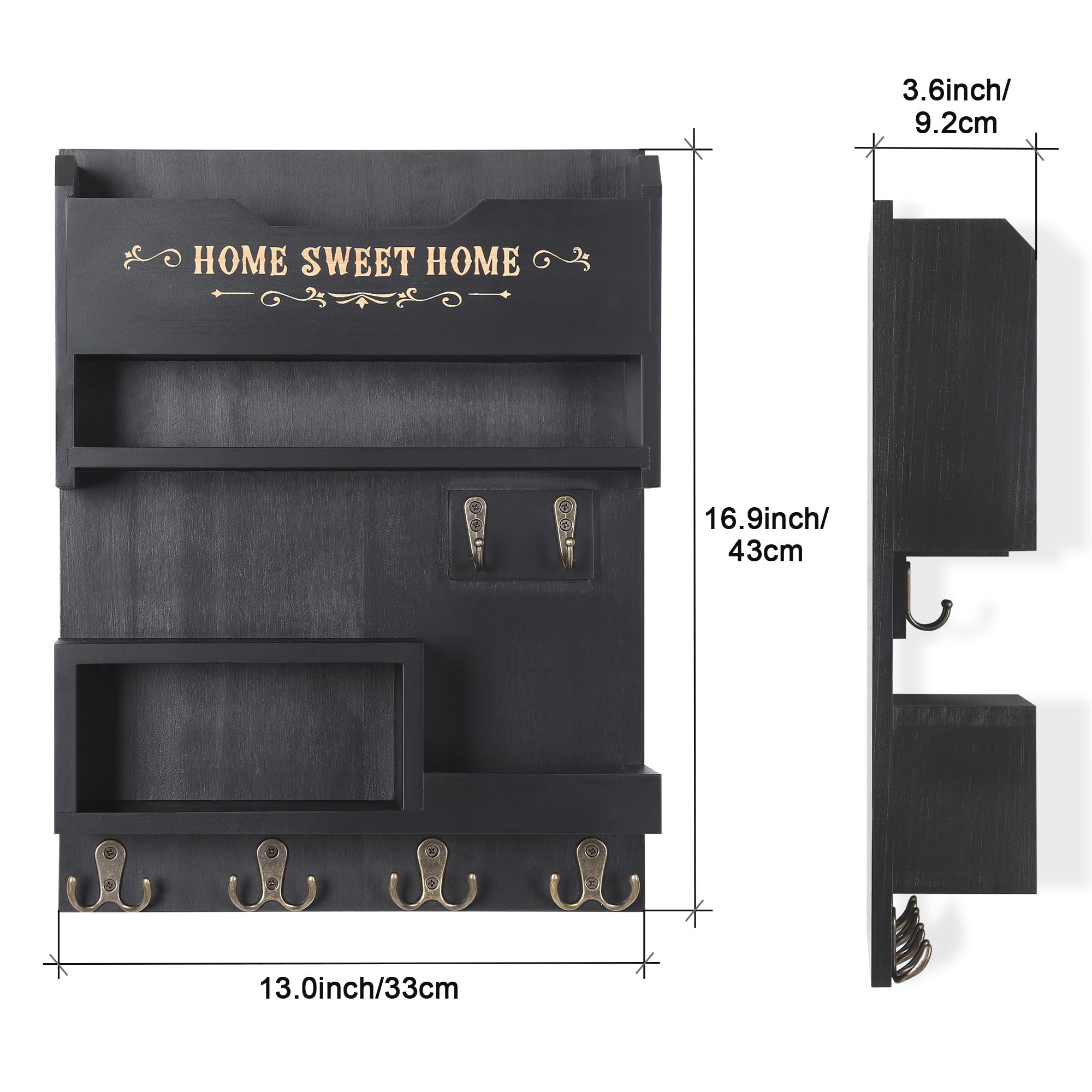 MIISLAIN Key Holder for Wall, Key and Mail Holder for Wall, Key and Mail Rack for Rustic Home Decor, Mail Holder with 6 Key Hooks, Luxury Black