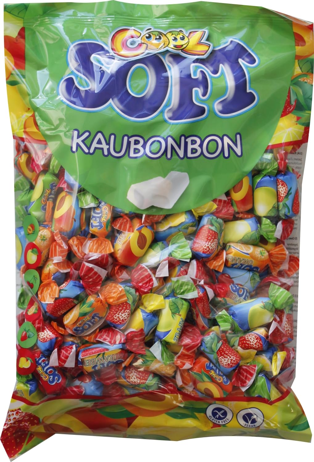 Cool Soft Kaubonbons | ca. 175 weiche Bonbons mit Erdbeer-, Orangen-, Apfel-, Kirsch-, Zitronen- oder Pfirsichgeschmack vegan und glutenfrei | im Beutel, 1er Pack (1 x 1 kg)