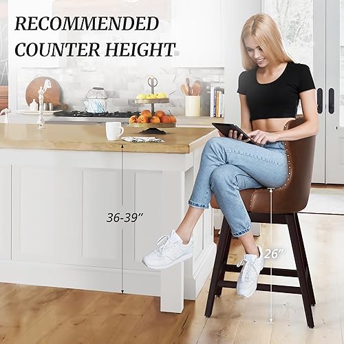 Miniatura 4 de Juego de 2 taburetes de bar de altura de mostrador, taburete de bar giratorio de 26 pulgadas de alto con respaldo, taburete de mostrador de piel