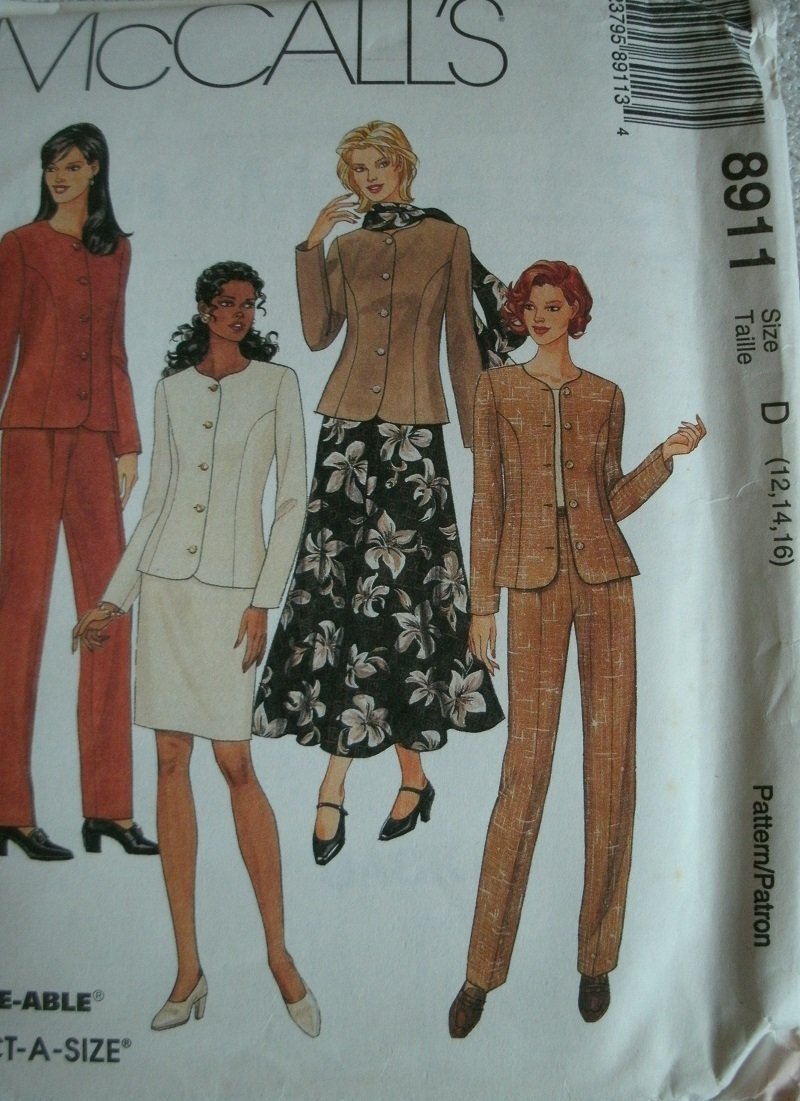 McCall's Misses Unlined Jacket, Pants, Skirts and Scarf Sizes 8, 10, 12 Mccalls Pattern 8911 Petite-able Select-a-Size